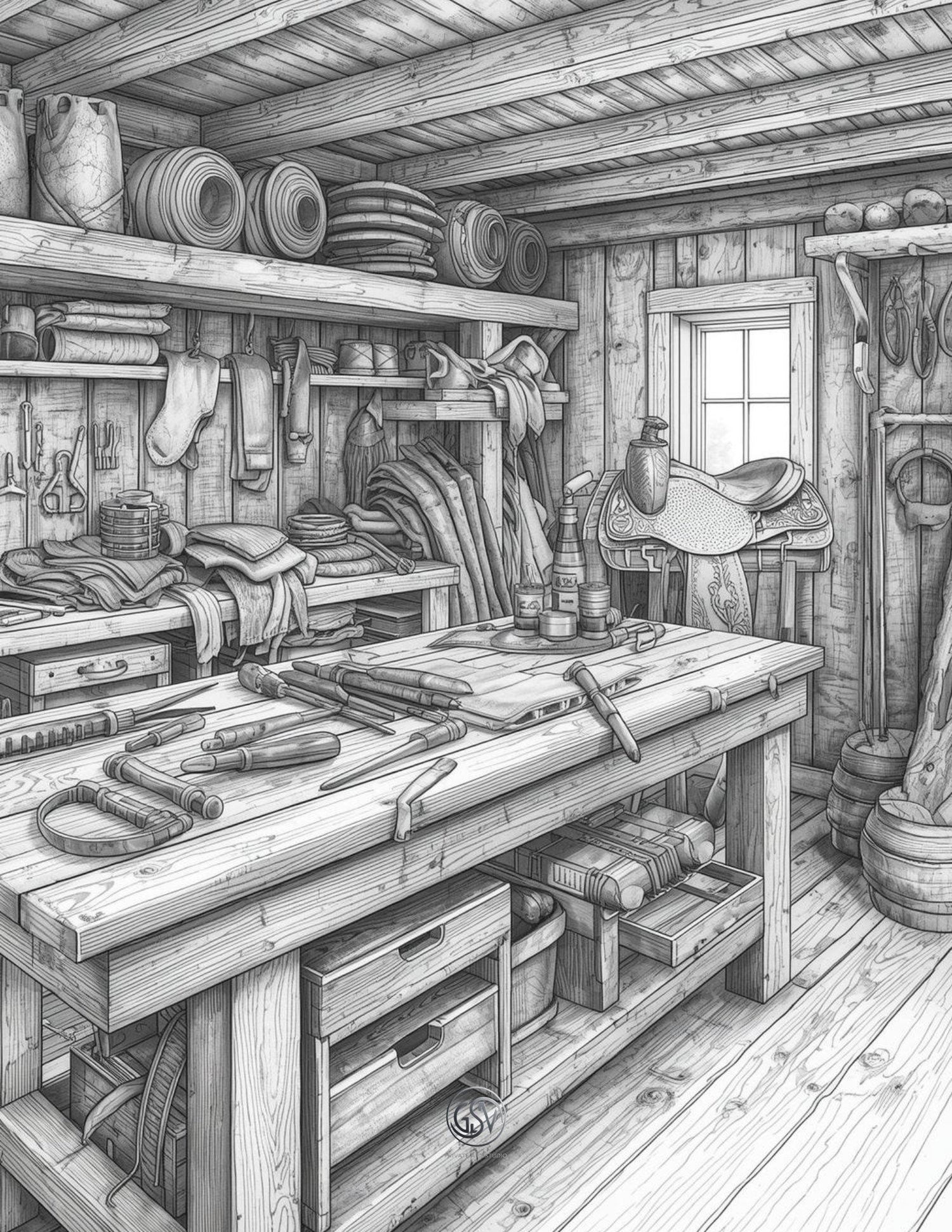 Detailed line art of a rustic ranch workshop with tools, a workbench, horse saddles, and leather gear. Realistic interior scene for advanced coloring.