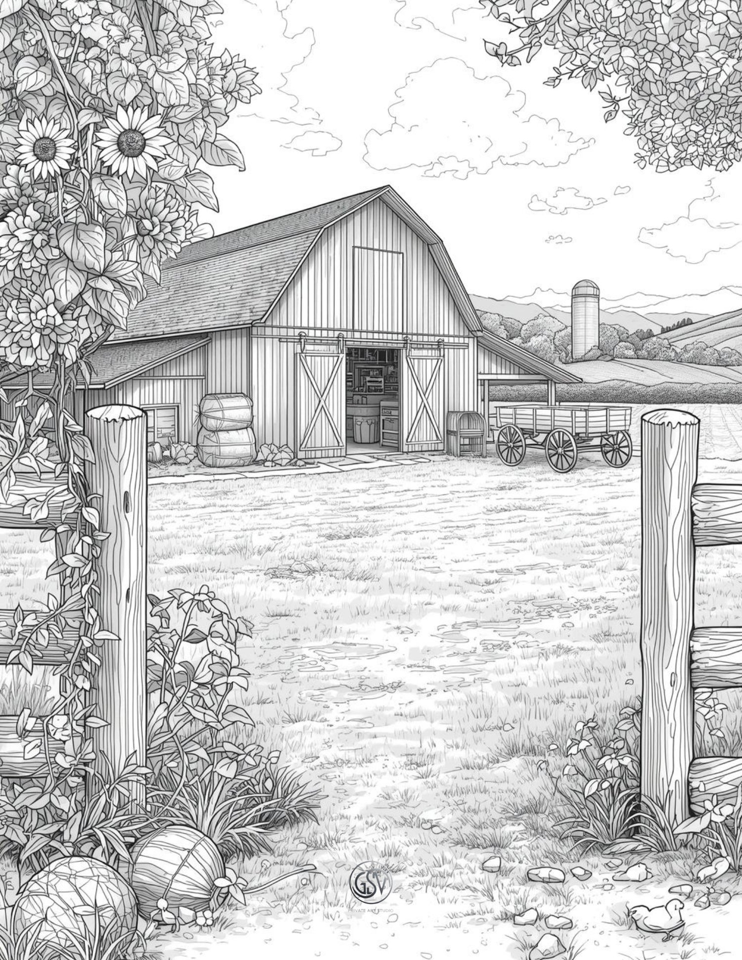 Detailed line art of a classic wooden barn with sunflowers, a farm wagon, and rolling hills. Realistic country landscape for adult coloring.