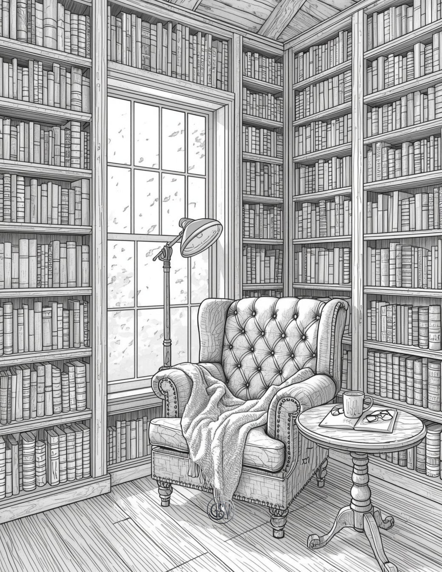 Stunningly detailed line art of a home library reading nook with floor-to-ceiling bookshelves, a tufted armchair, and a window. Complex illustration for advanced coloring.
