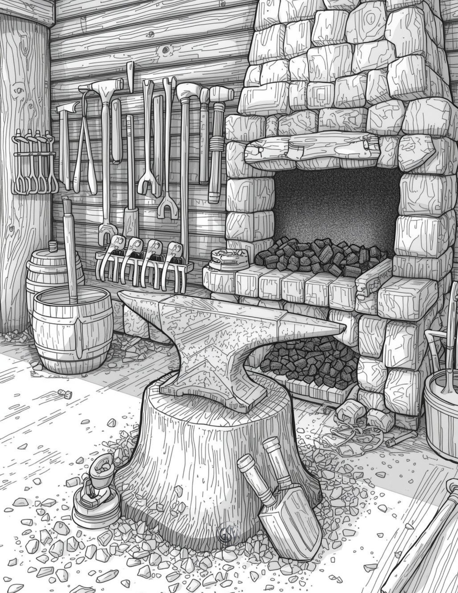 Detailed line art of a rustic blacksmith forge with a stone fireplace, anvil on a stump, and traditional tools. Realistic textures for shading.