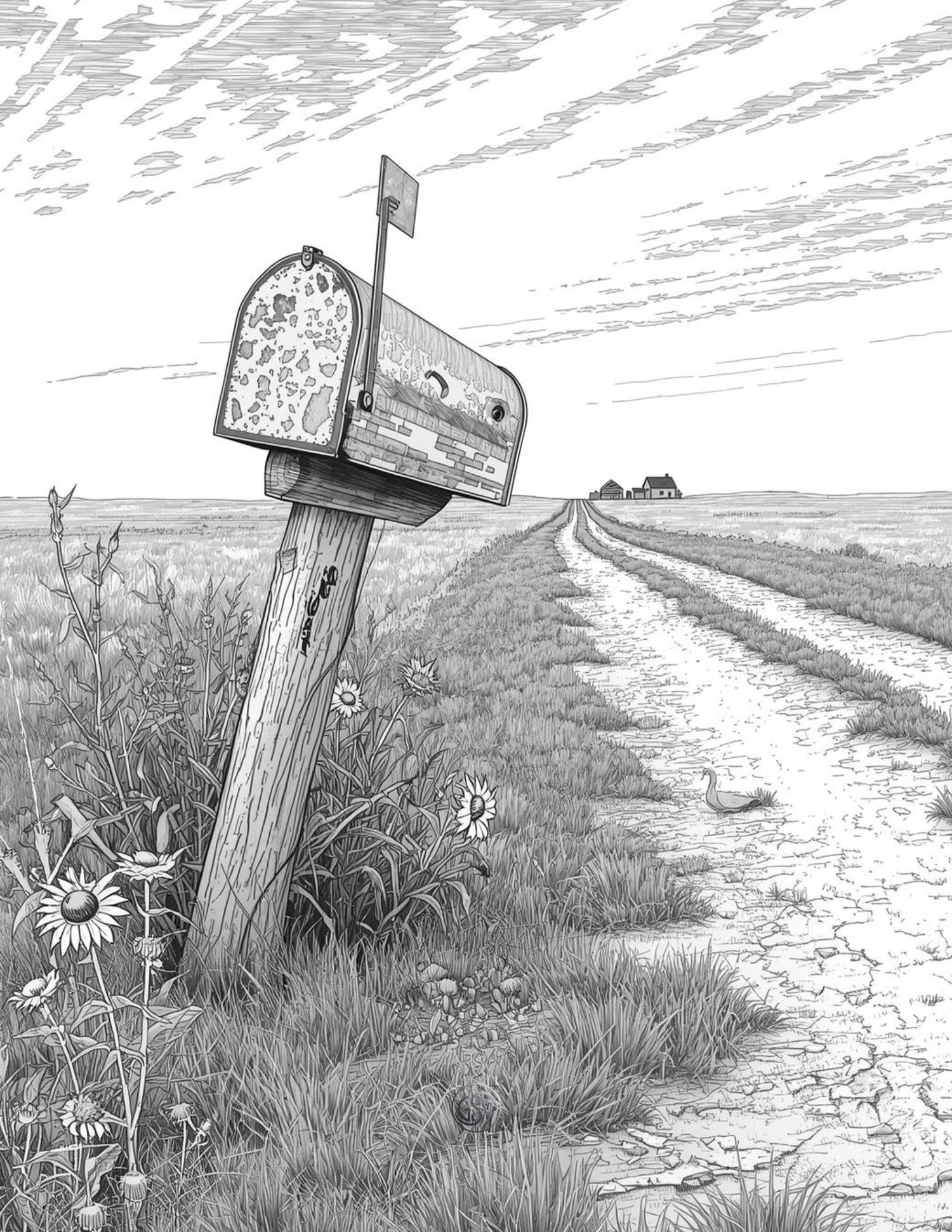 Detailed line art of a vintage mailbox on a wooden post along a dirt road stretching into the prairie horizon. Realistic Western landscape for coloring.