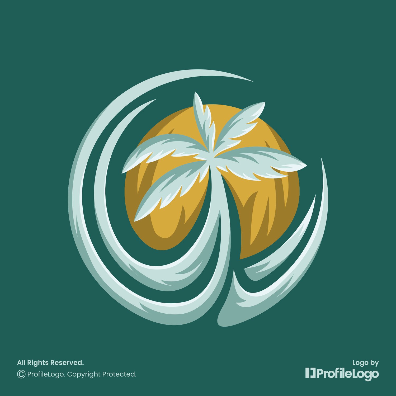 Tropical sunset palm beach logo for sale by ProfileLogo with dark teal background