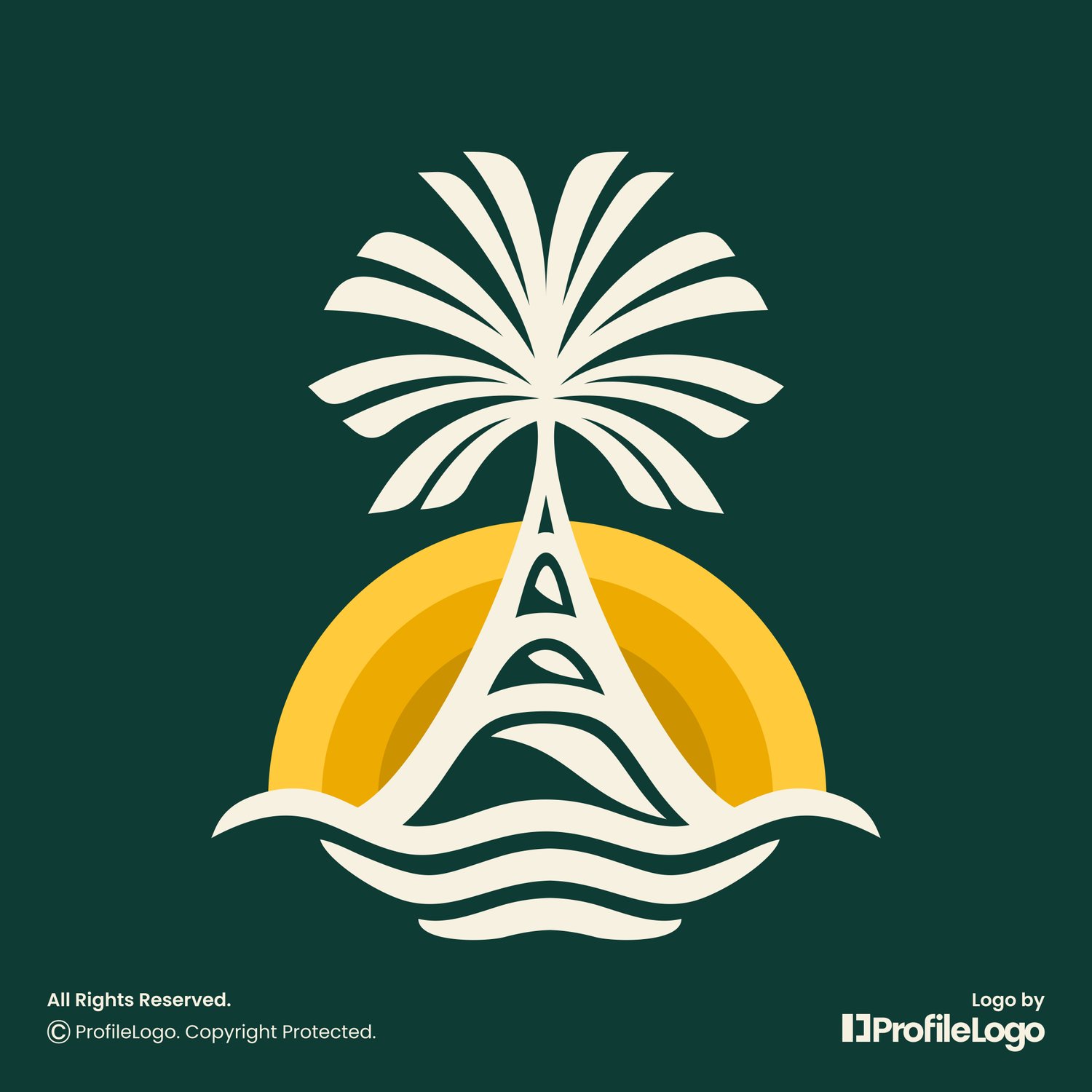 Beach wave sunset palm logo for sale by ProfileLogo with dark teal background