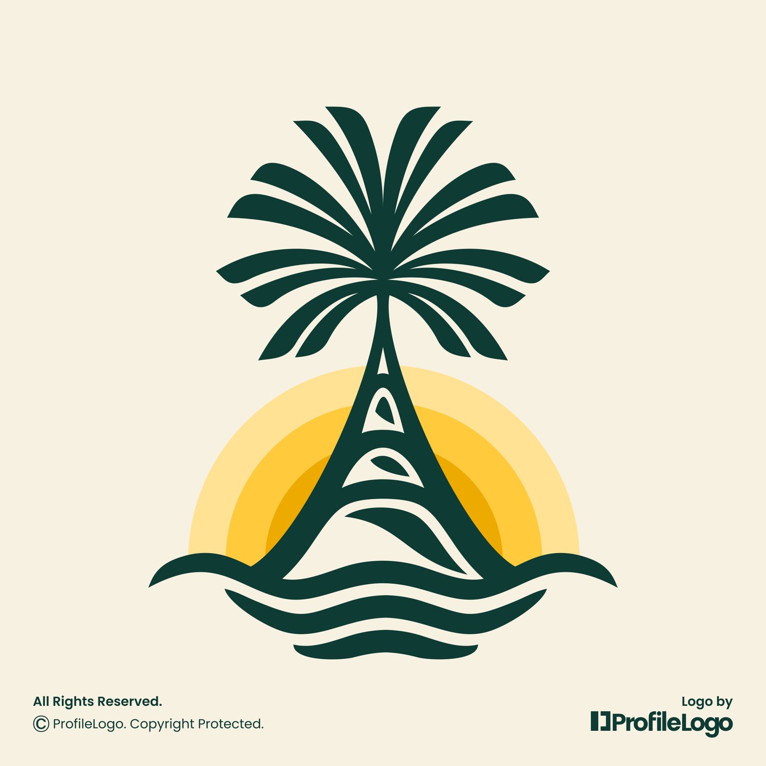 Beach wave sunset palm logo for sale by ProfileLogo with light yellow background
