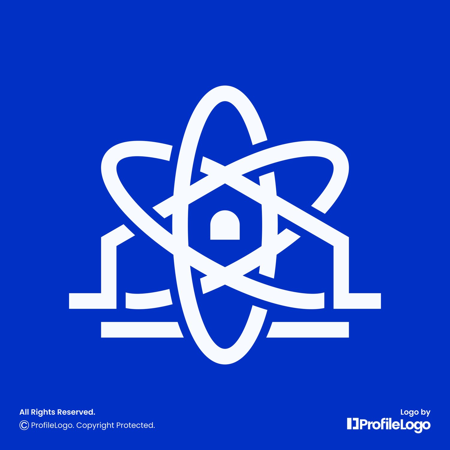 Simple line atom home logo for sale by ProfileLogo with dark blue background