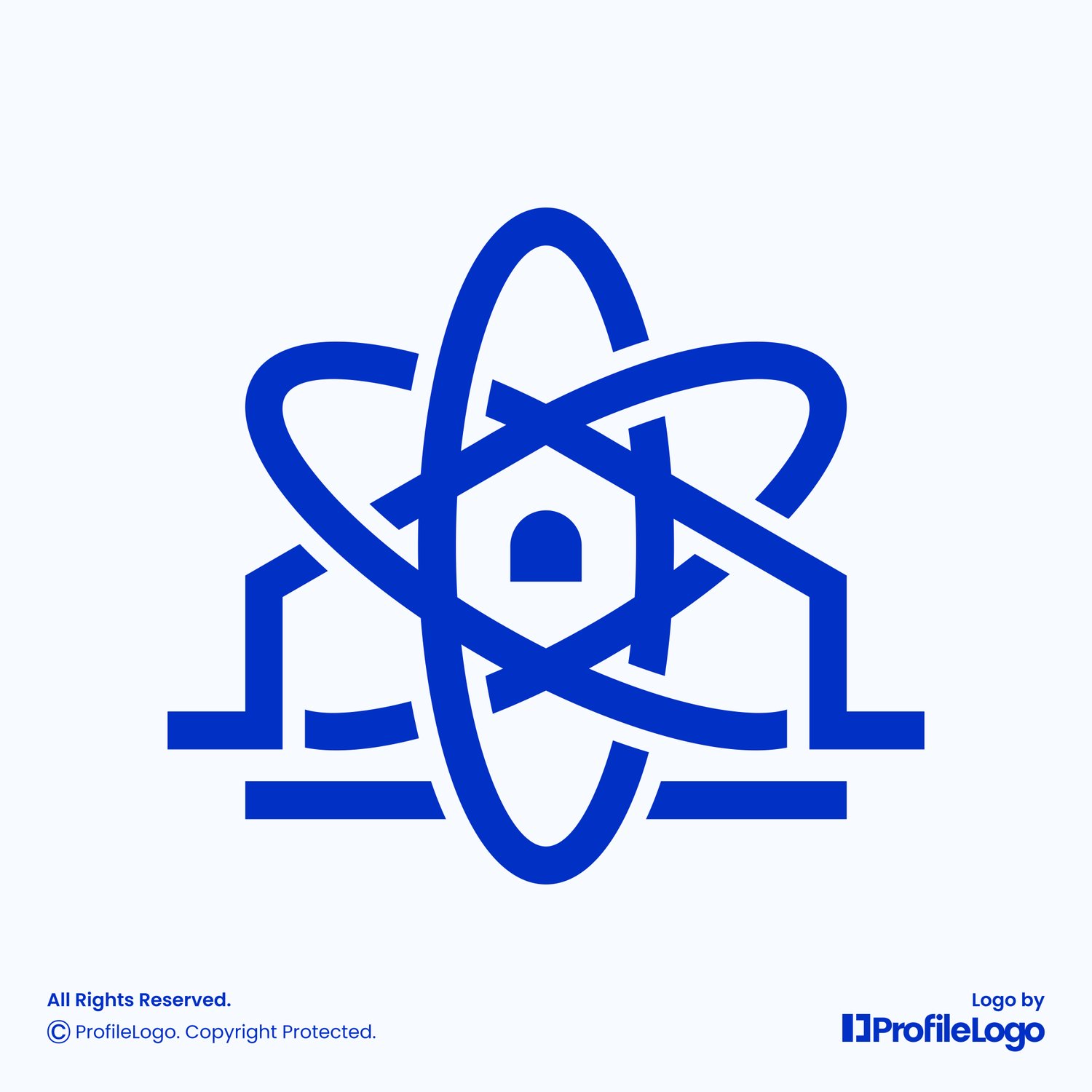Simple line atom home logo for sale by ProfileLogo with light blue background
