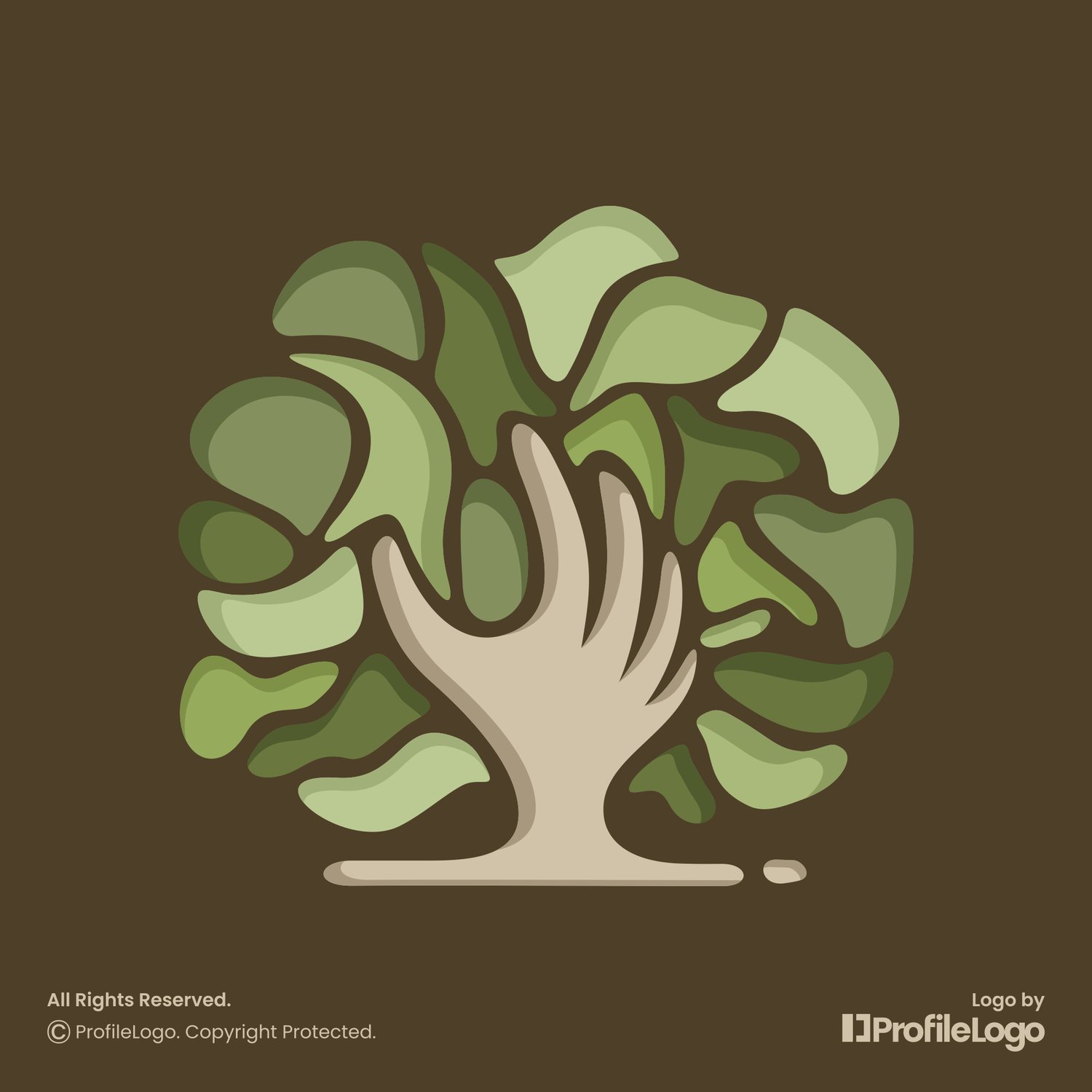 Nature organic tree hand logo for sale by ProfileLogo with brown background