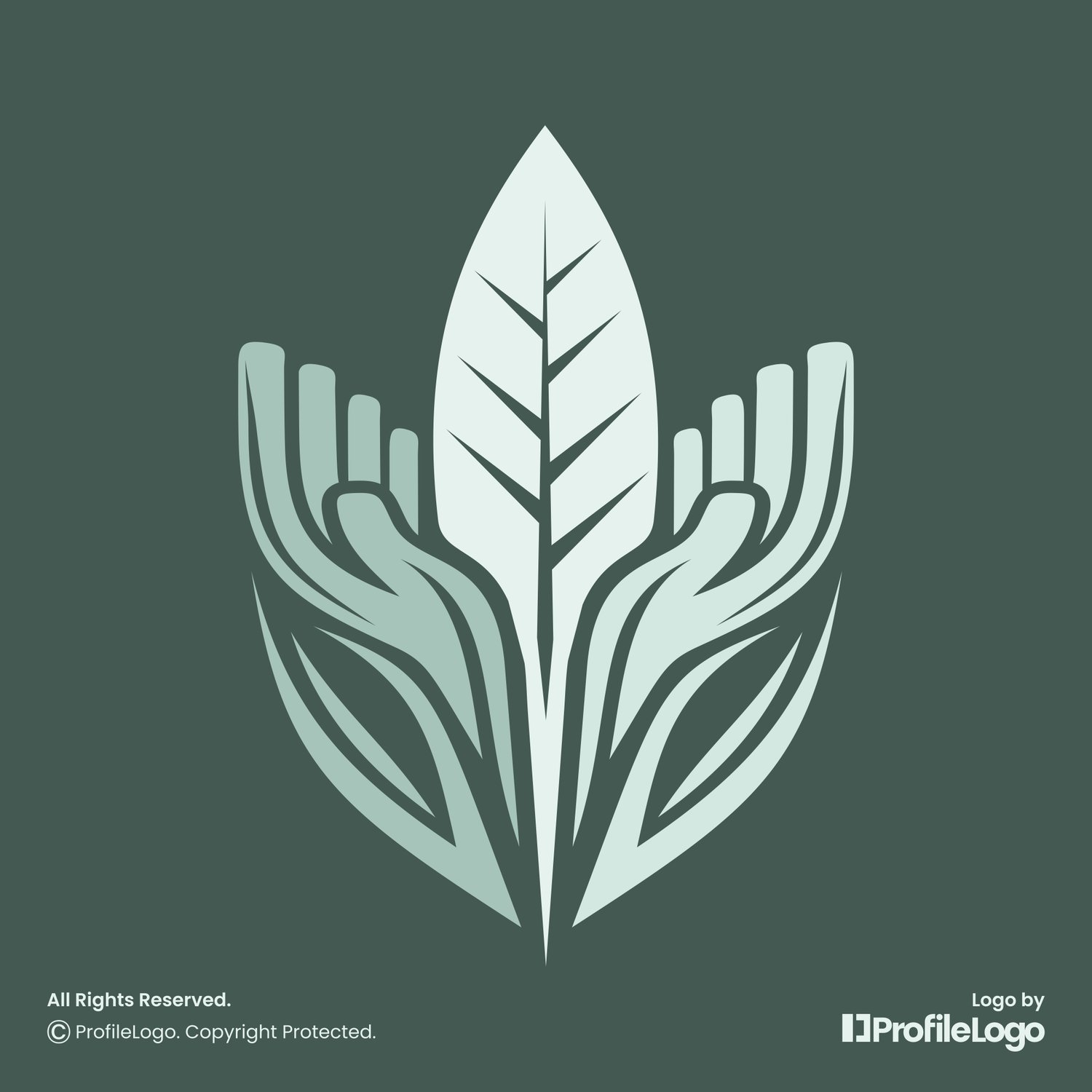Elegant plant leaf hand logo for sale by ProfileLogo with dark teal background