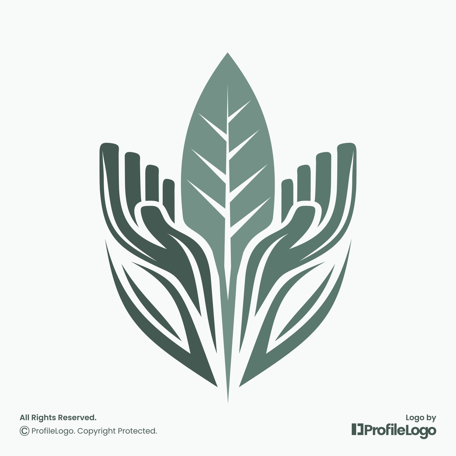 Elegant plant leaf hand logo for sale by ProfileLogo with light teal background