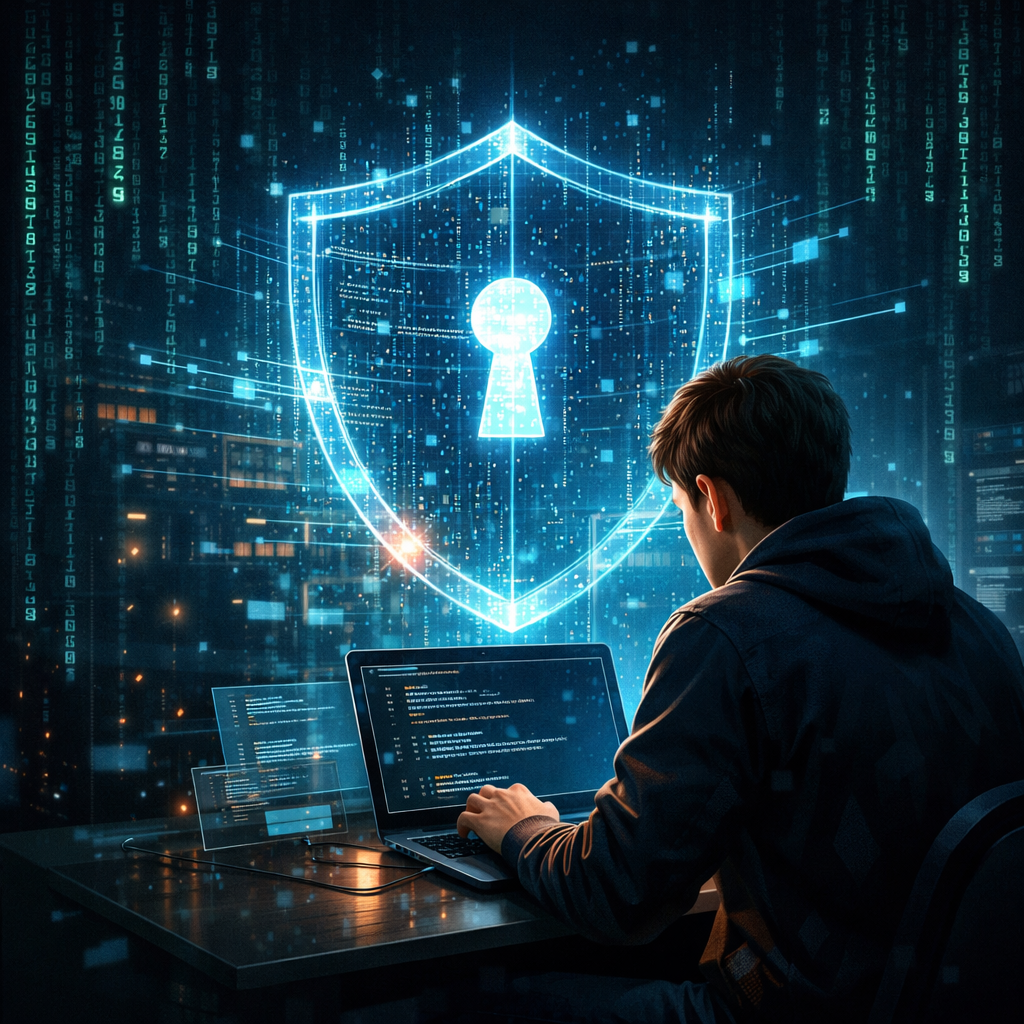 A stylized digital illustration depicting cybersecurity themes, showing abstract code fragments and shield icons to represent protection, with a modern, hacker-inspired aesthetic.