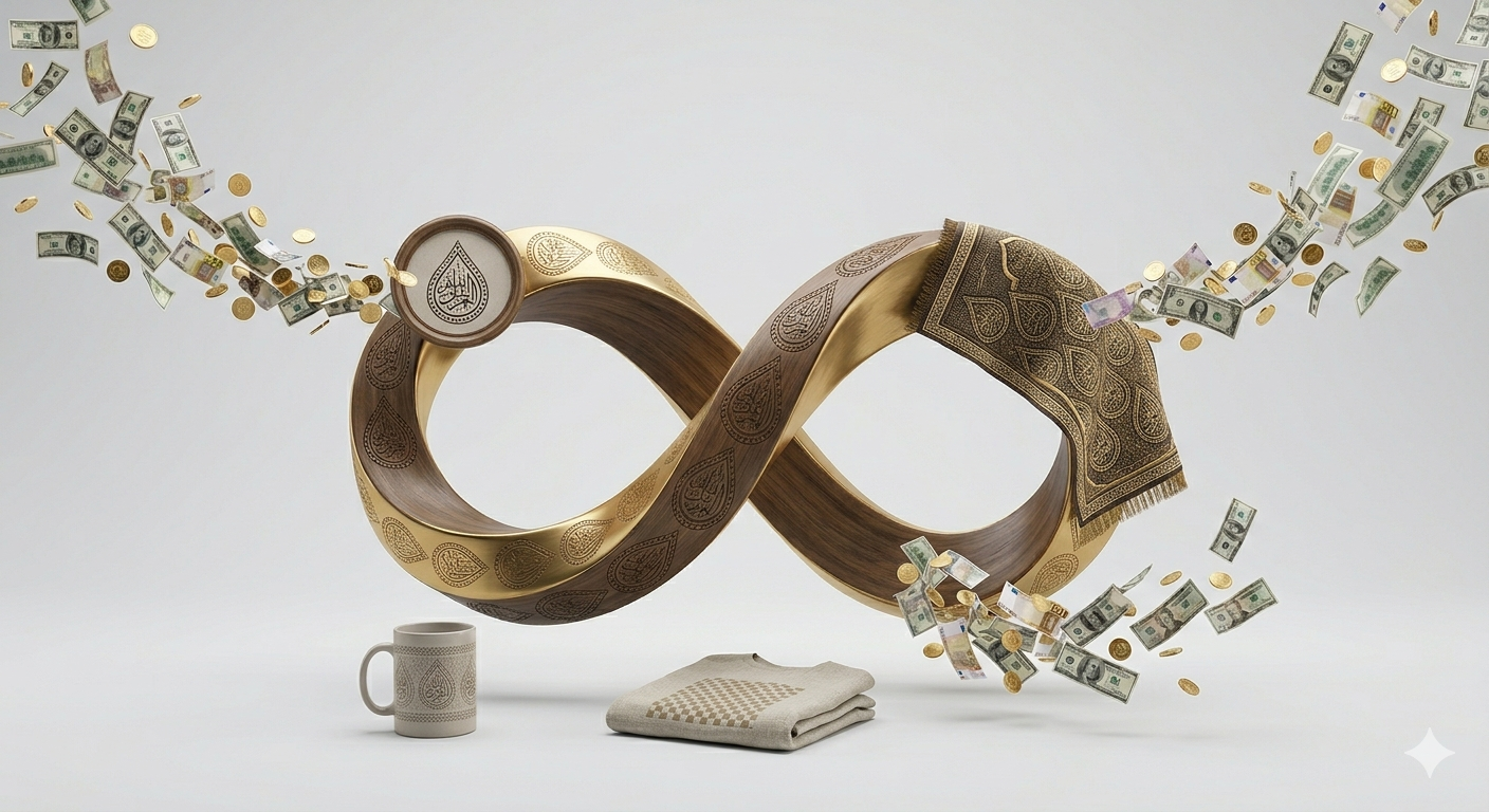 3D gold infinity symbol engraved with intricate Arabic calligraphy, surrounded by floating currency on a minimalist background, symbolizing infinite ROI and brand scaling.