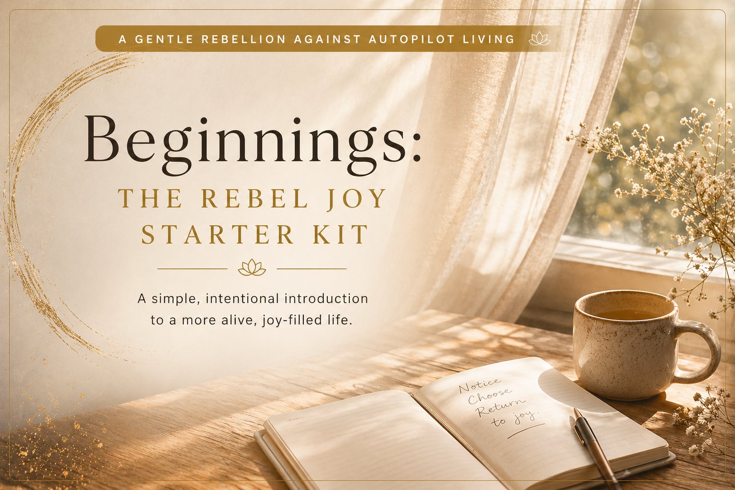 Rebel Joy Starter Kit header image with soft sunlight, journal, and tea, representing mindful living and choosing joy.