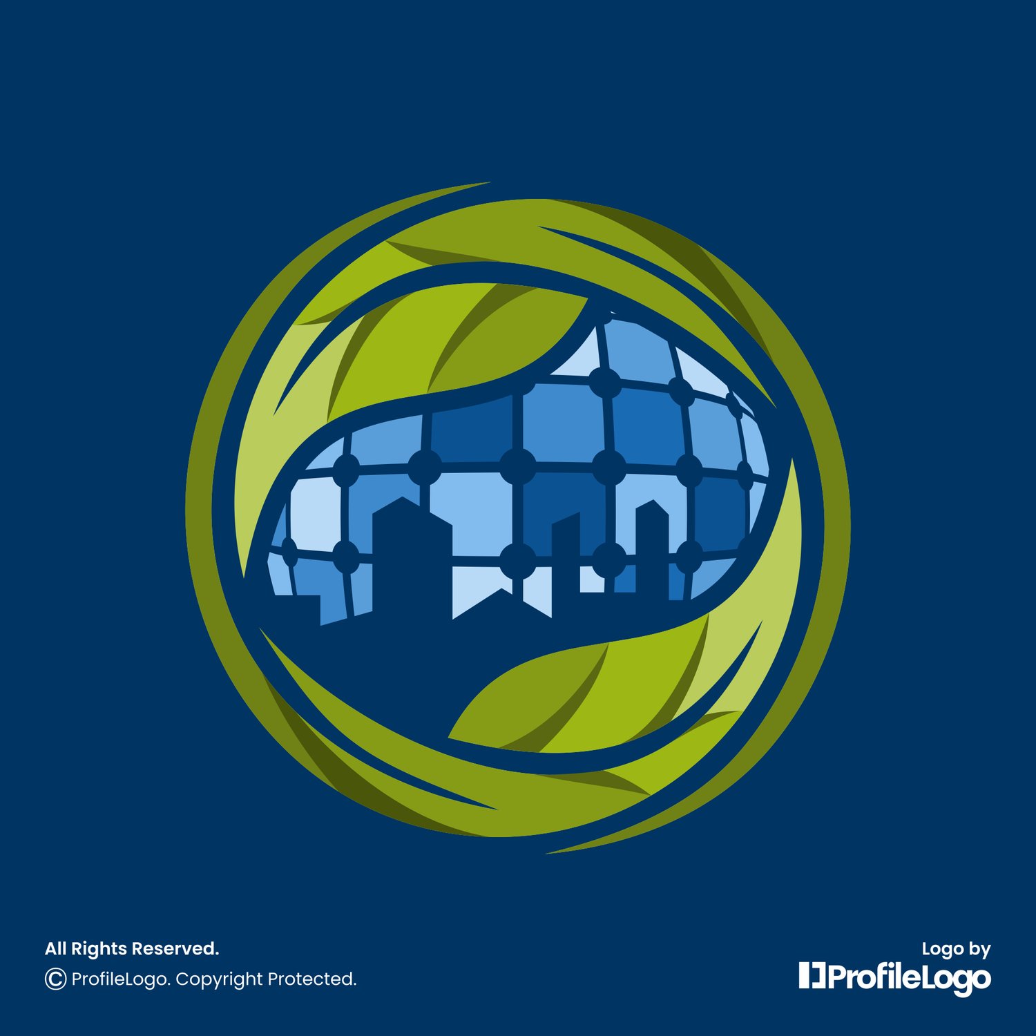 Nature leaf solar panel city building logo for sale by ProfileLogo with dark blue background