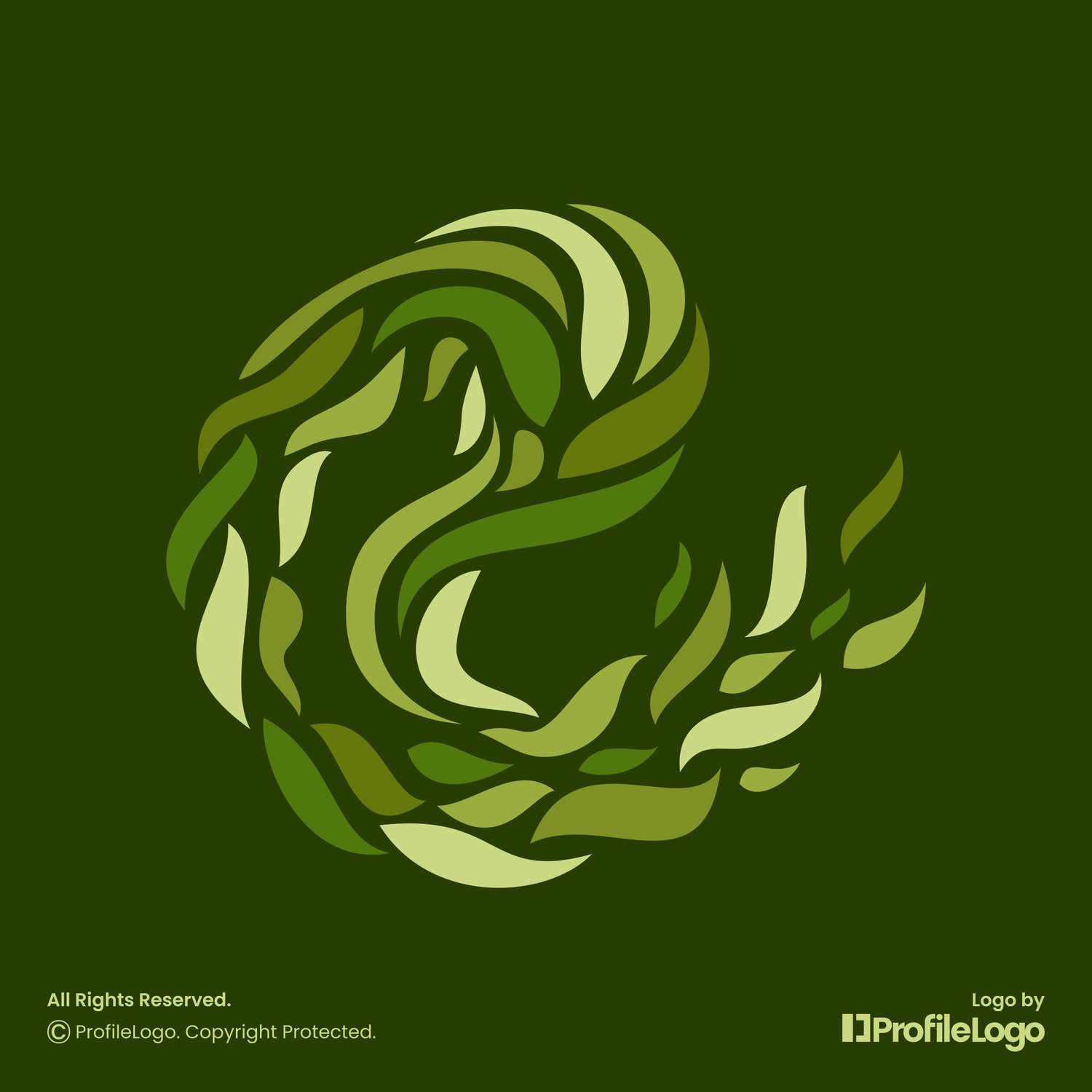 Green organic leaf letter E logo for sale by ProfileLogo with dark background