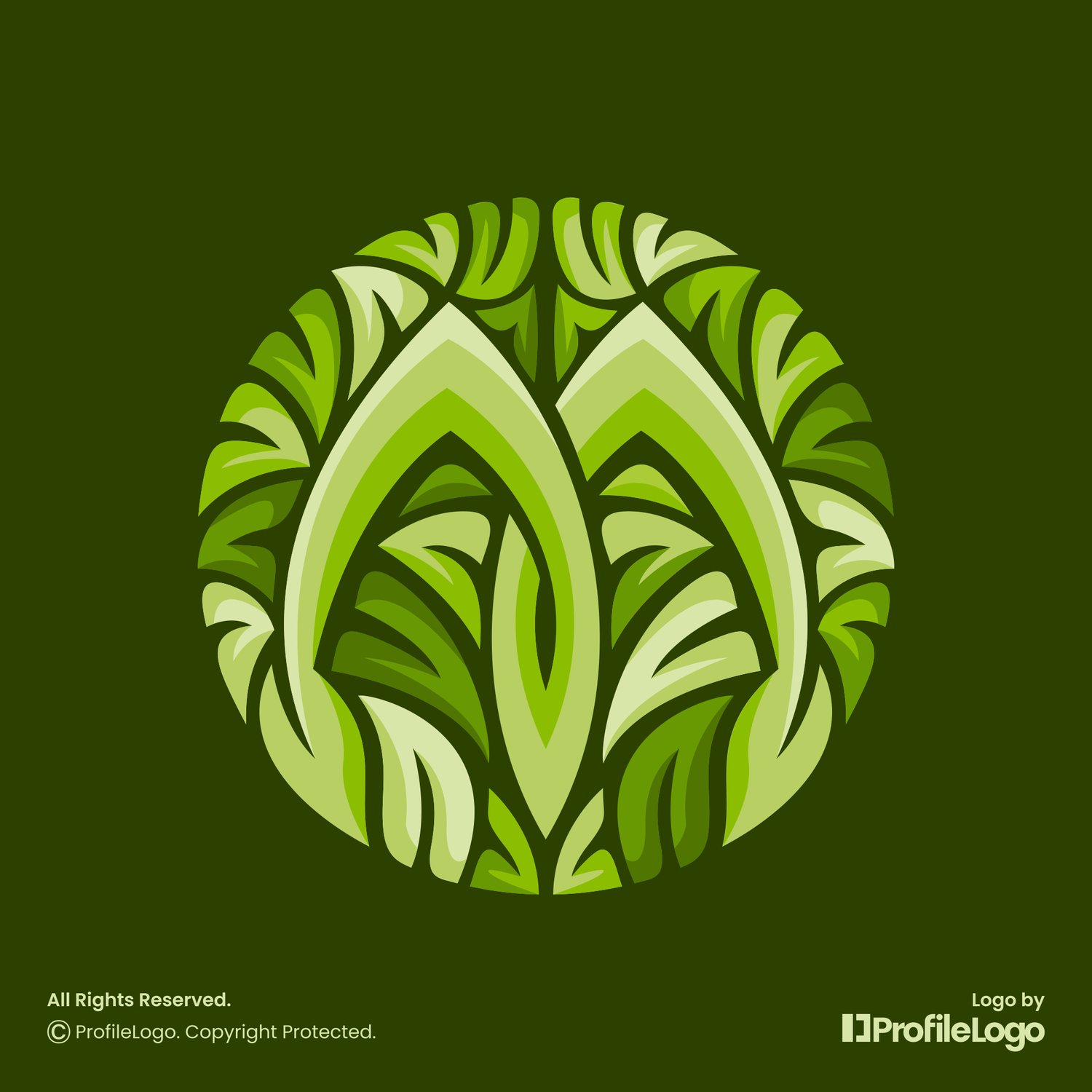Colorful green organic leaf letter M logo for sale by ProfileLogo with dark background