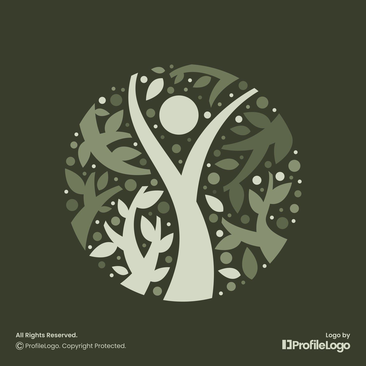 Organic plant leaf human logo for sale by ProfileLogo with dark green background