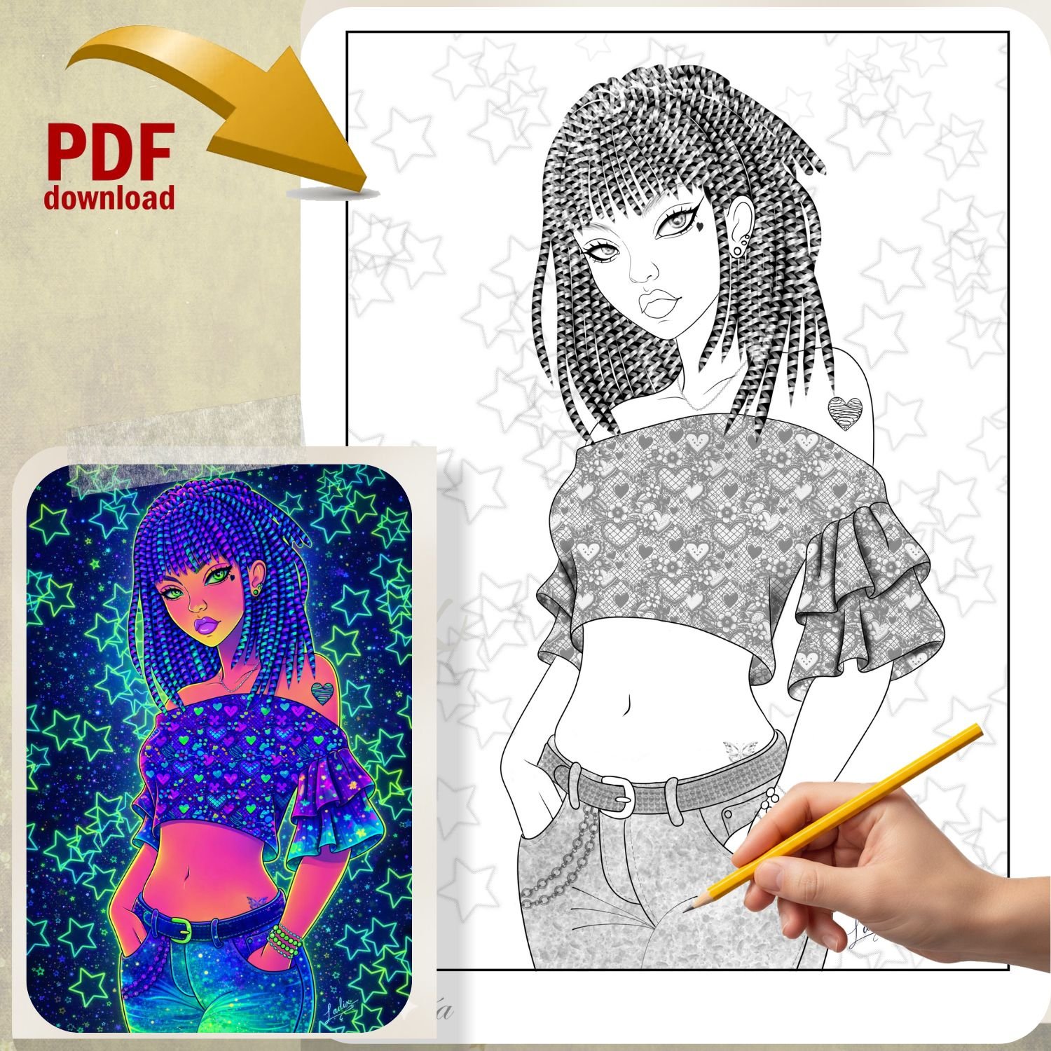 coloriage adulte, illustration à imprimer, art féminin, dessin à colorier, coloriage artistique, téléchargement numérique, printable art, dessin rebelle élégant, art à colorier femme, illustration Ladis, coloriage créatif, art mural à imprimer, coloriage