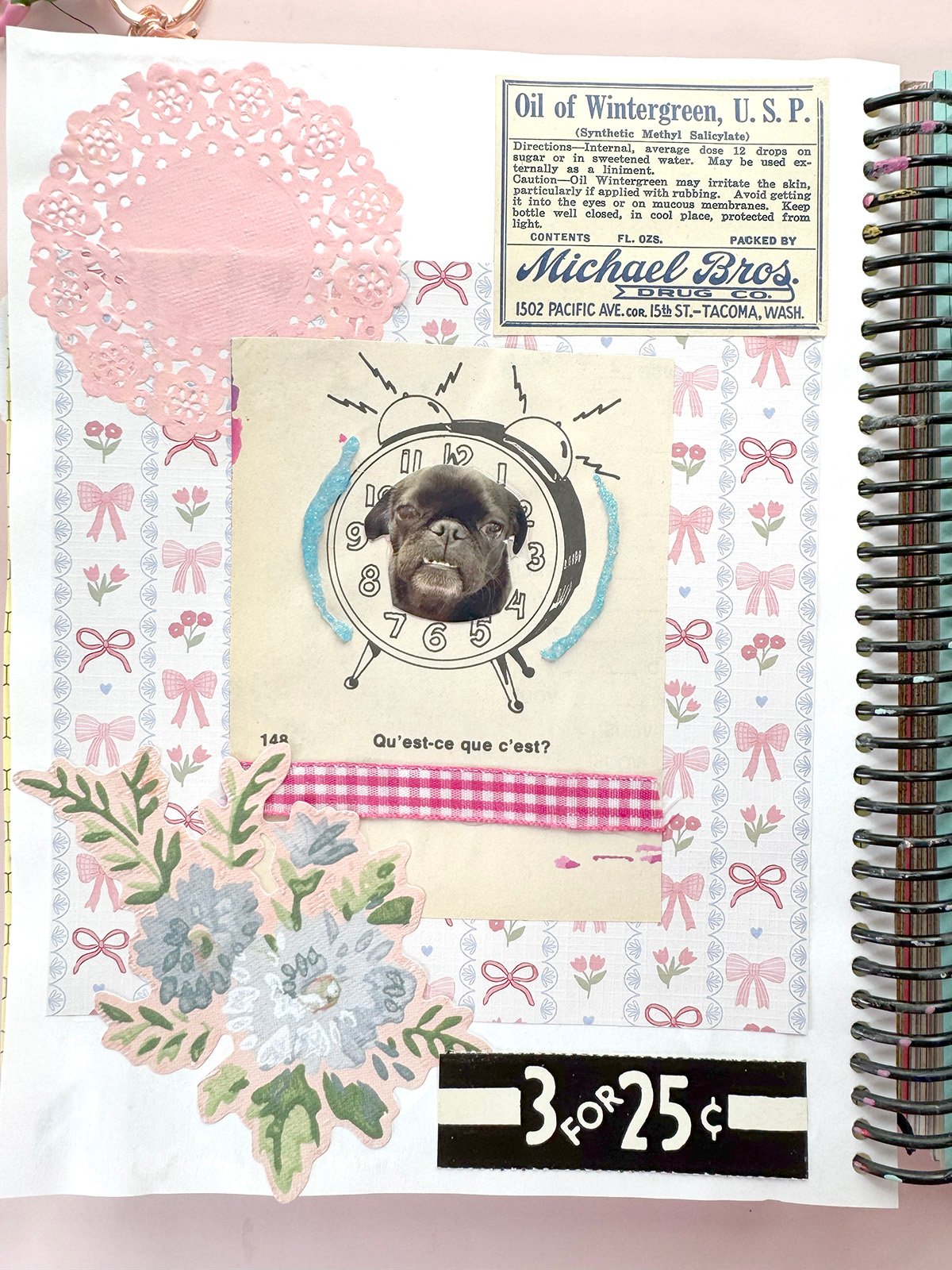 Picture of an open junk journal featuring a cute pug