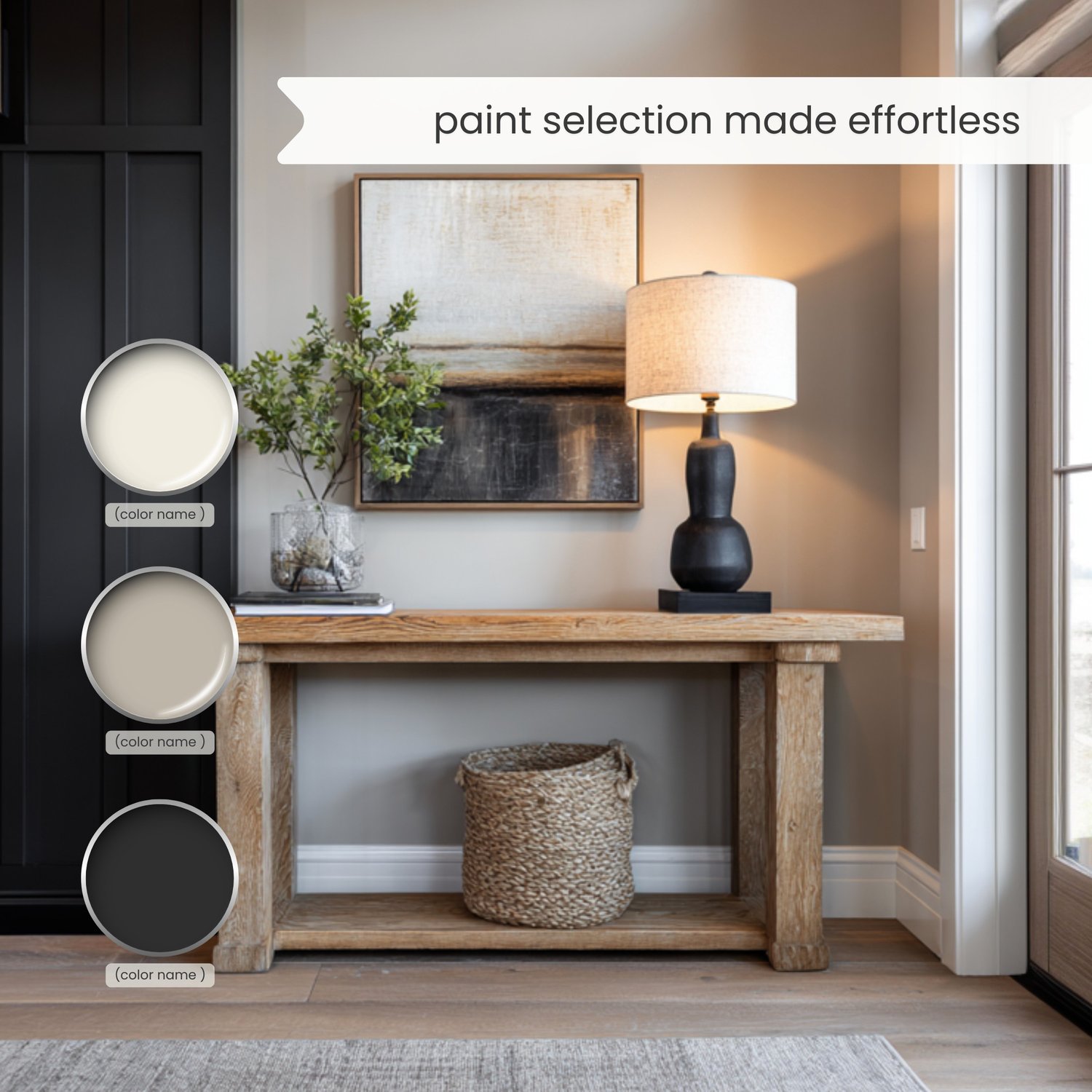 An Organic Modern color palette with Sherwin Williams paints. The neutral earth tone color scheme includes white, gray, beige, green, blush, brown and black. Moody earth tones and earthy neutrals. Curated and designed by Lavenia Shash.