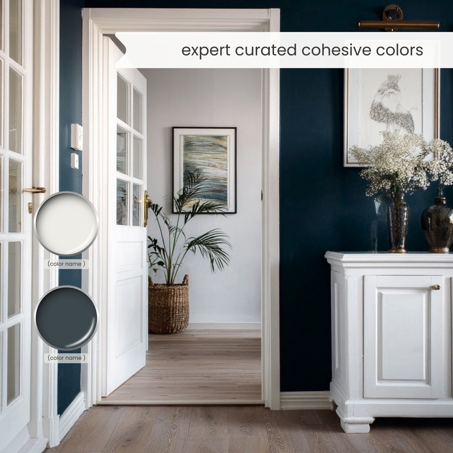A Modern Rustic, Mountain Farmhouse color palette with Sherwin Williams paint colors. Coordinating and complementary colors of white, gray, griege, beige, blue, green, brown and black for the whole house interior. Curated by Lavenia Shash.