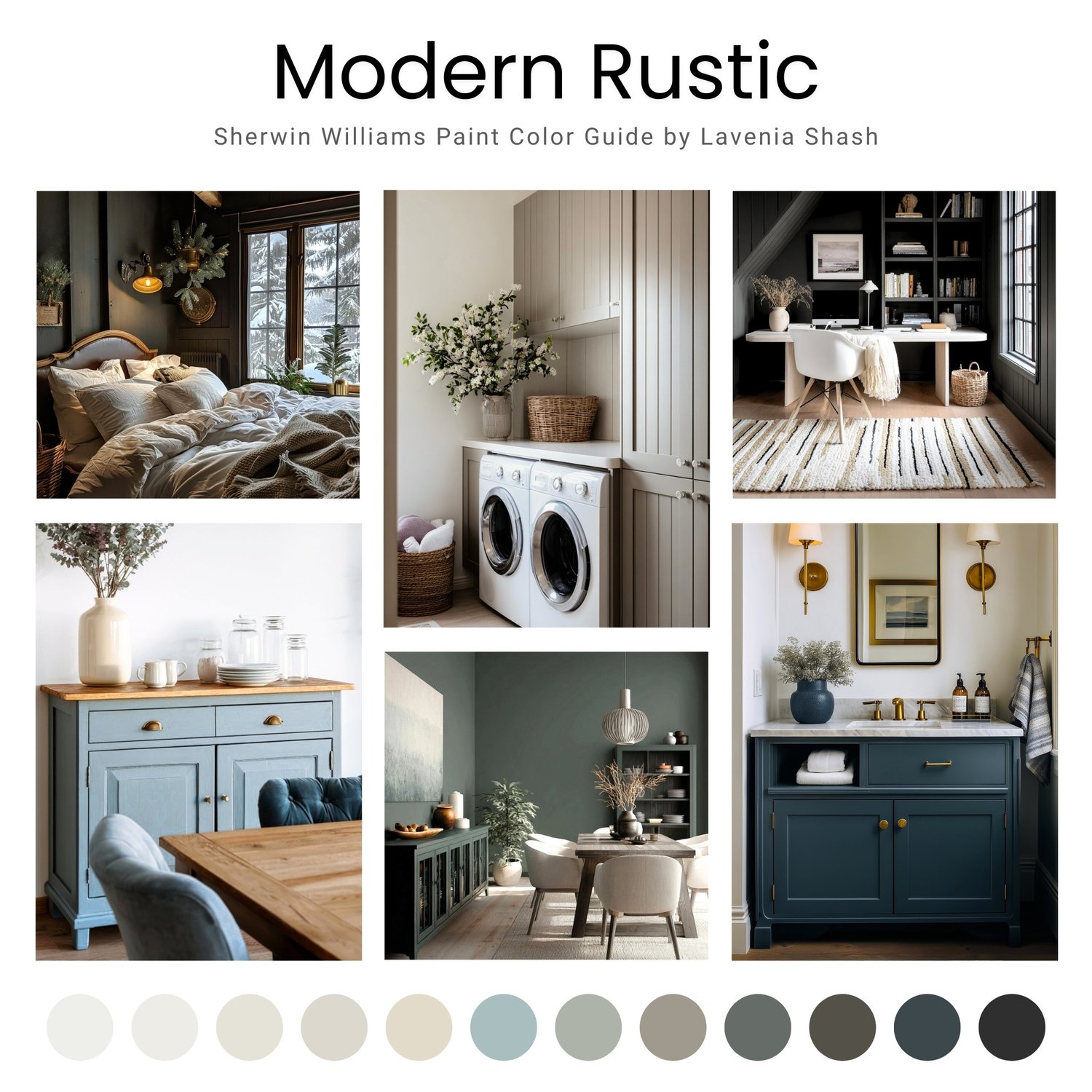 A Modern Rustic, Mountain Farmhouse color palette with Sherwin Williams paint colors. Coordinating and complementary colors of white, gray, griege, beige, blue, green, brown and black for the whole house interior. Curated by Lavenia Shash.