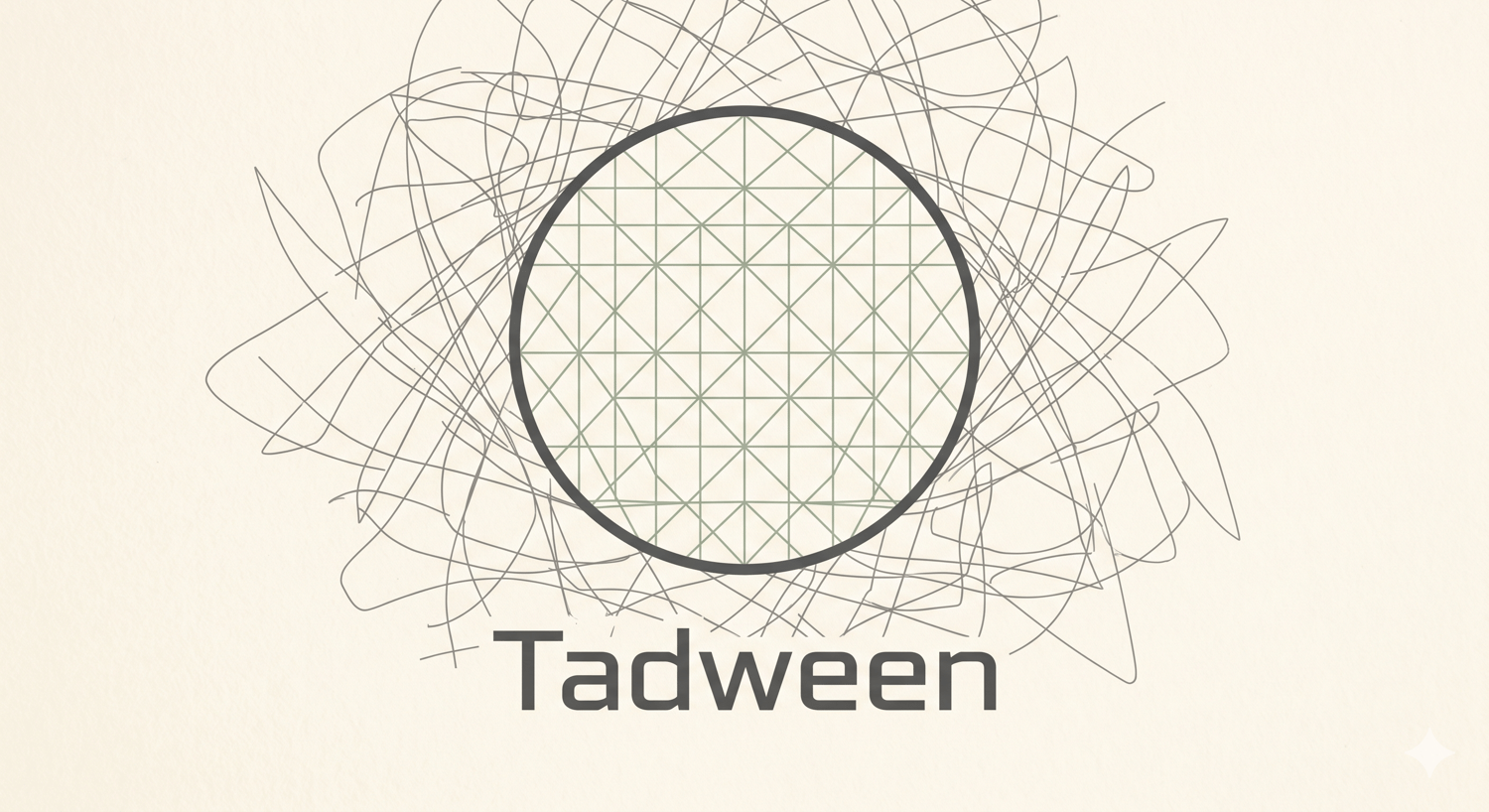 Tadween logo featuring a circular lens that transforms tangled charcoal lines into a neat, sage-green geometric grid, representing untangling mixed thoughts and feelings by looking at them with a different lens