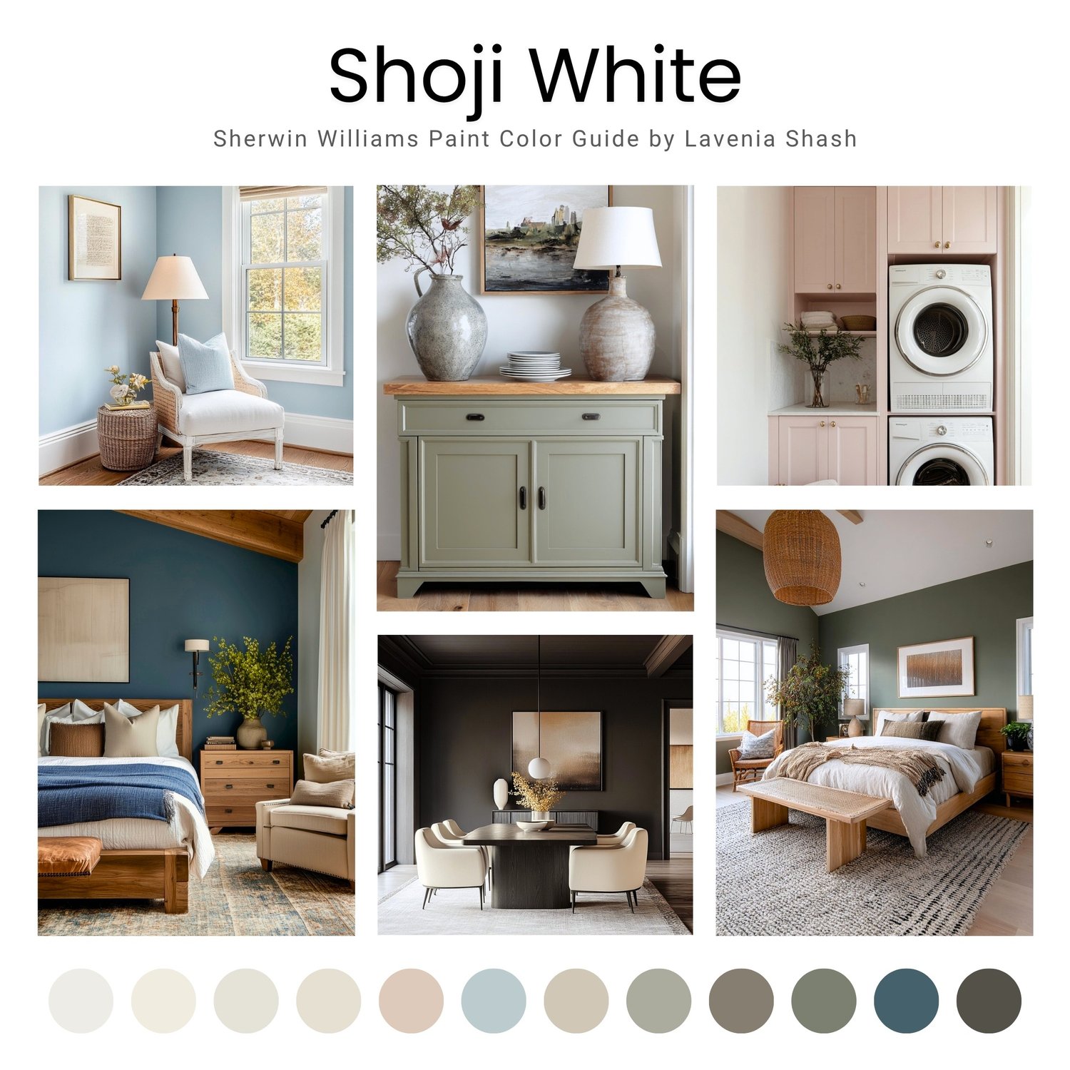 Sherwin Williams Shoji White paint palette. Whole house color scheme with neutrals and coordinating colors. Paint colors for home with white, beige, greige, green, blue, and brown. Interior design color scheme created by Lavenia Shash.