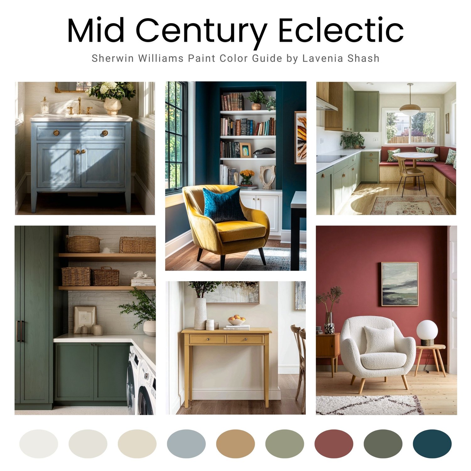 Sherwin Williams Mid Century Eclectic Color Palette For Whole House Interior. Paint Scheme With Jewel Tones For Maximalist and Boho Home Deco.