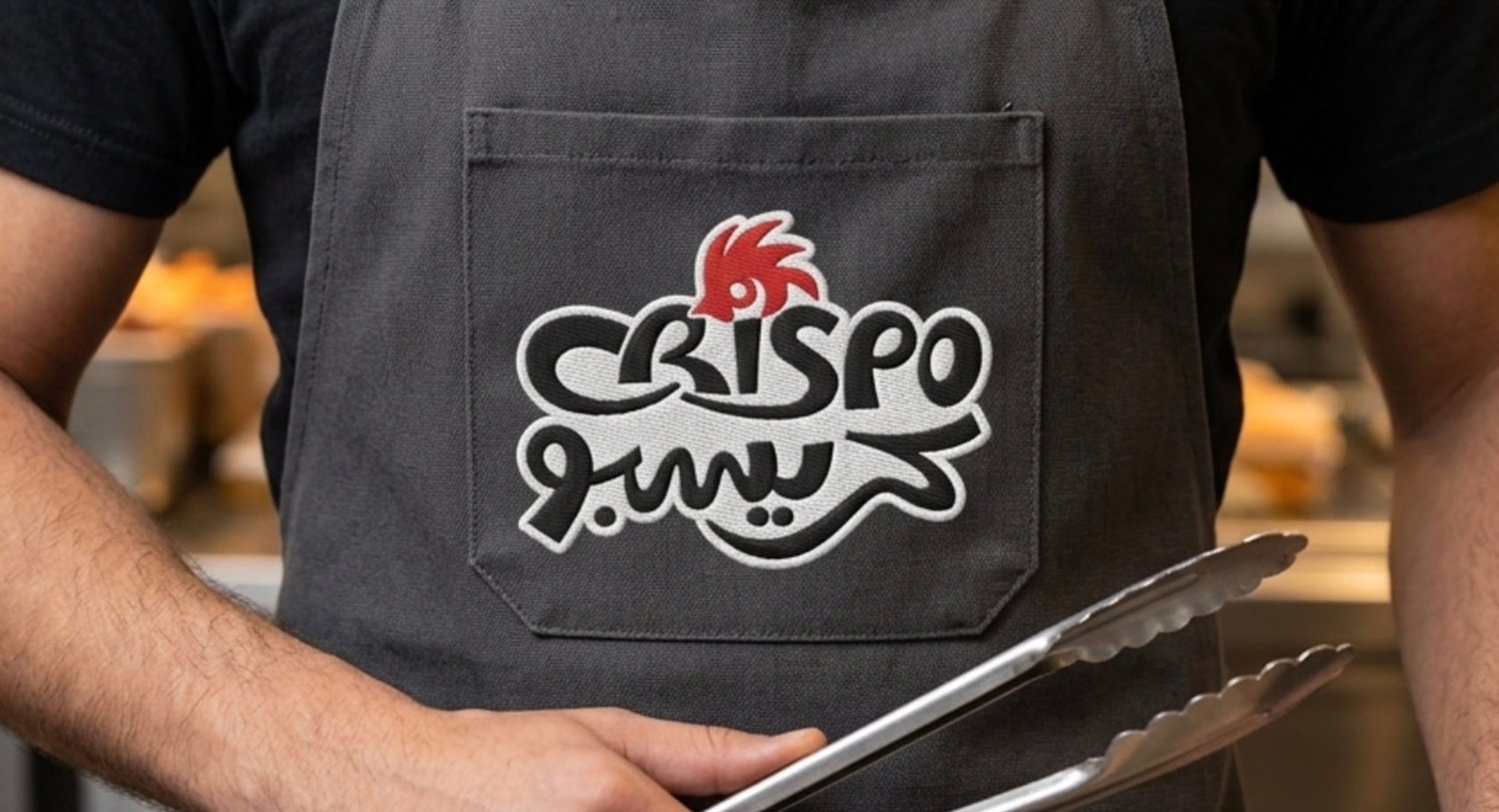 Crispo bilingual Arabic-English logo vector for food brand identity. Minimalist red chicken mascot design on a premium matte signage mockup, featuring precision-engineered paths for CNC routing, laser engraving, and storefront fabrication.