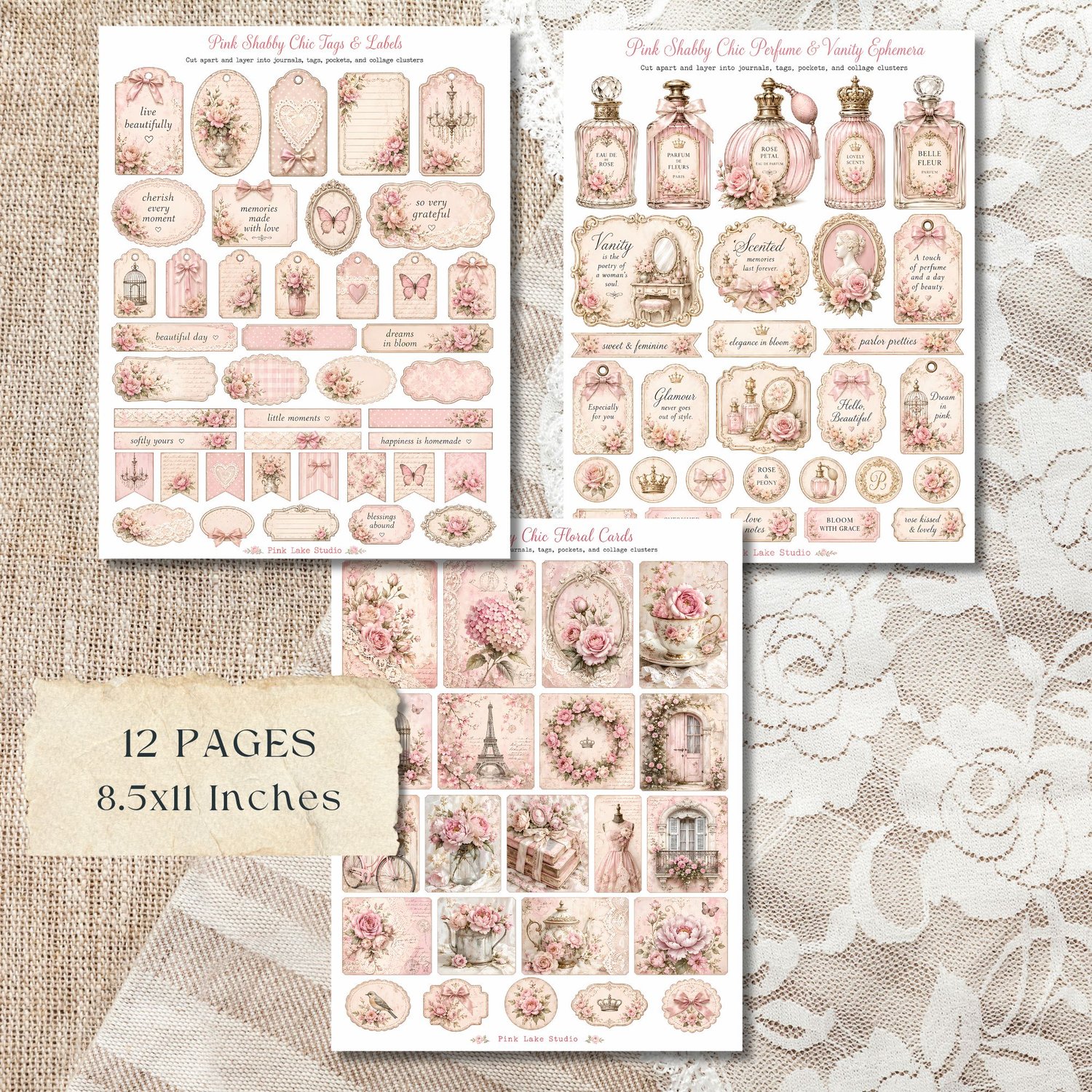 Pink Shabby Chic Ephemera, Printable Journal Cards Tags Labels Washi ...
