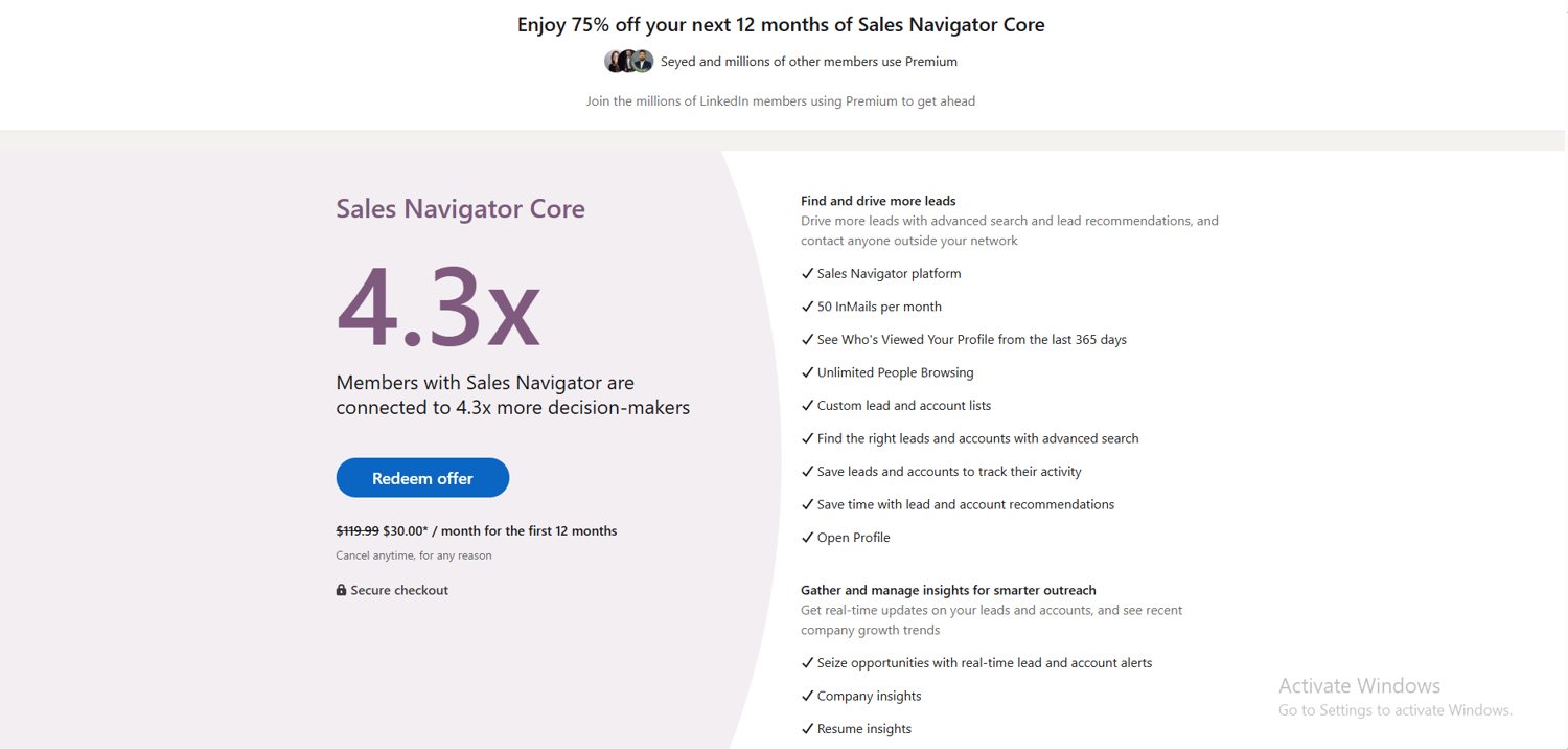 linkedin 12 months 75% discout coupon sales navigator core