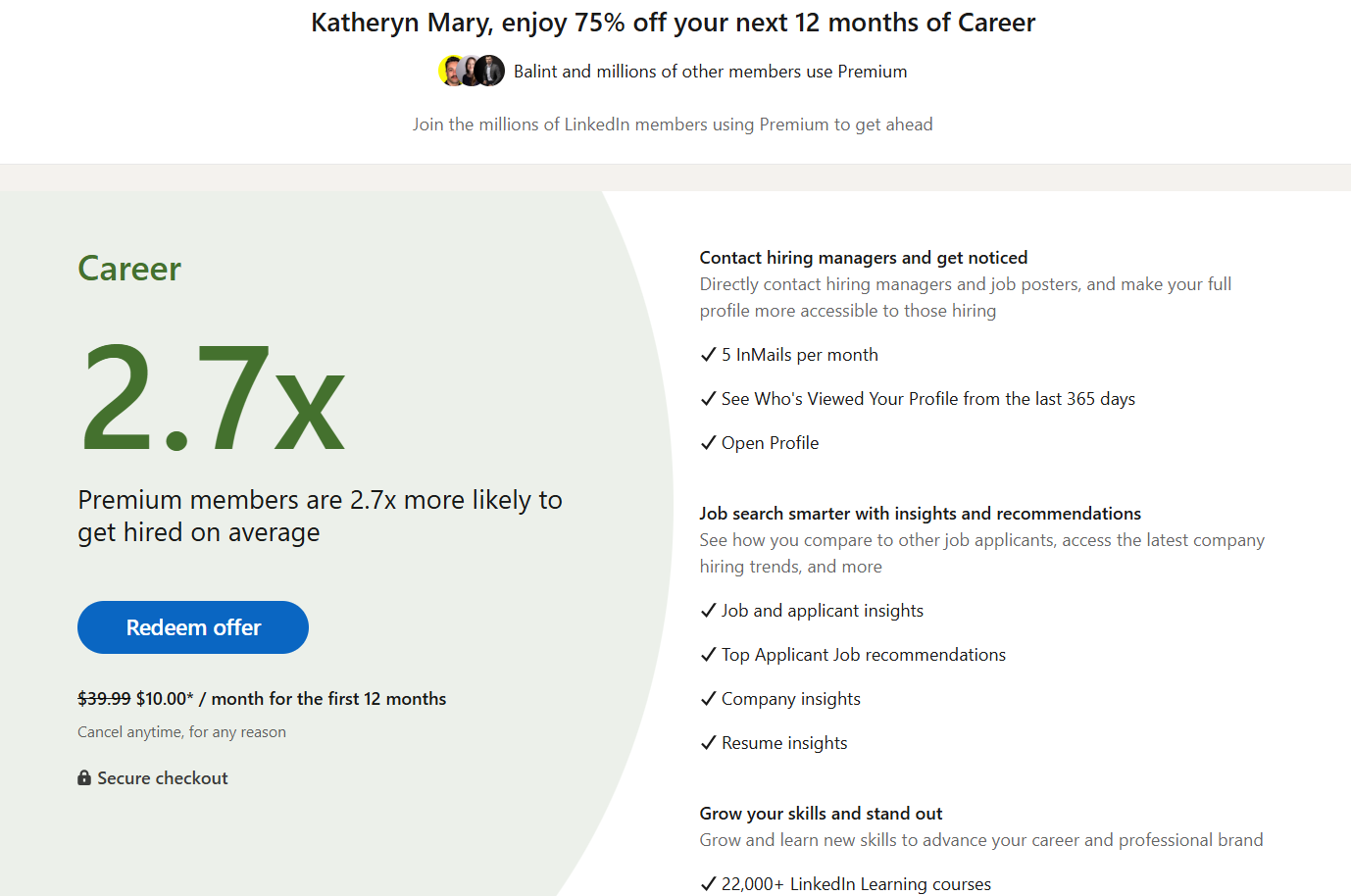 linkedin premium 12 months 75% discount coupon for career plan