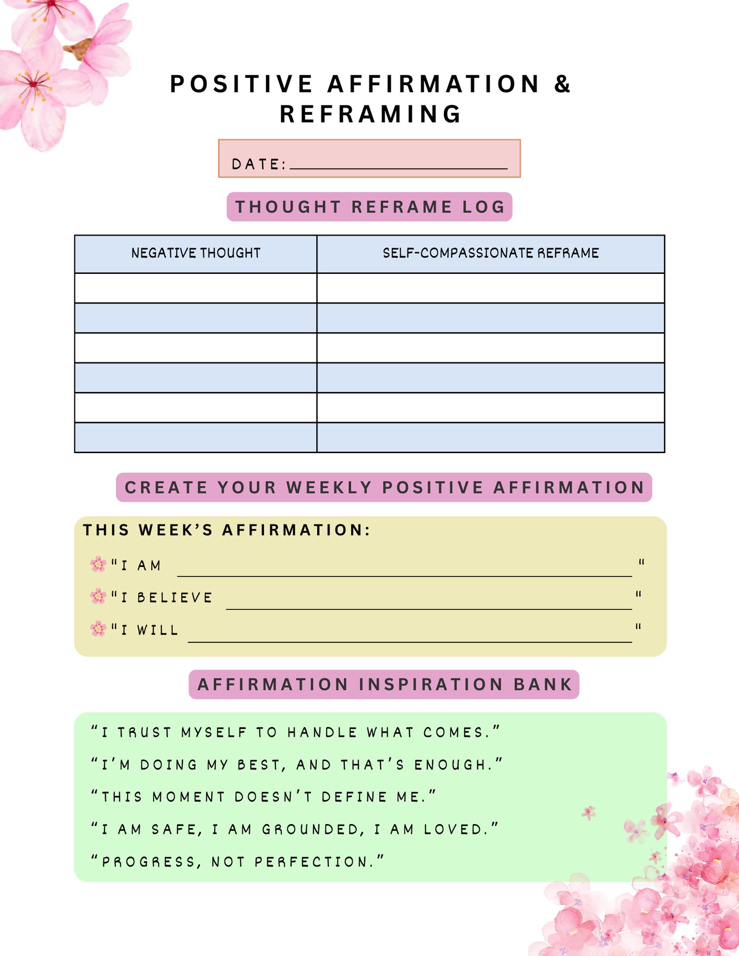 Positive Affirmation & Reframing Log