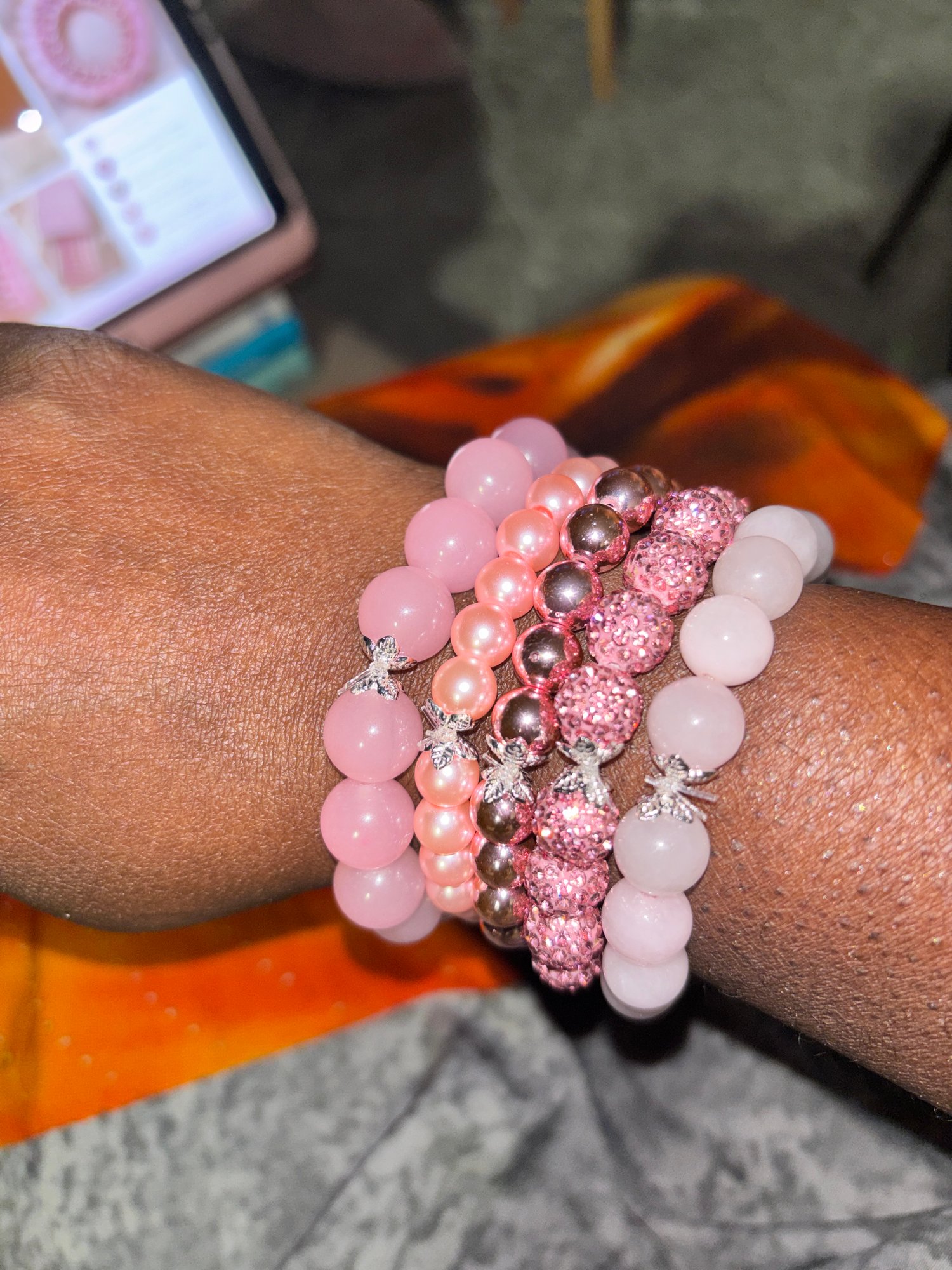 Soft Power Bracelet Set™ | 5-Piece Pink Beaded Stack | Handmade Feminine Jewelry Gift for Women