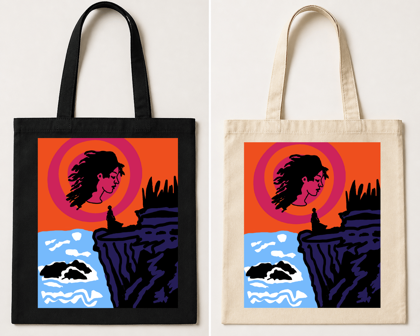Black tote bag featuring a bold symbolic illustration of a woman standing on a cliff beneath a glowing sun with ocean waves below