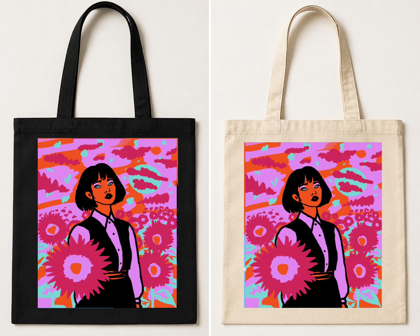 Black tote bag featuring a stylised portrait of a woman holding a glowing yellow orb surrounded by clouds and a colourful sky