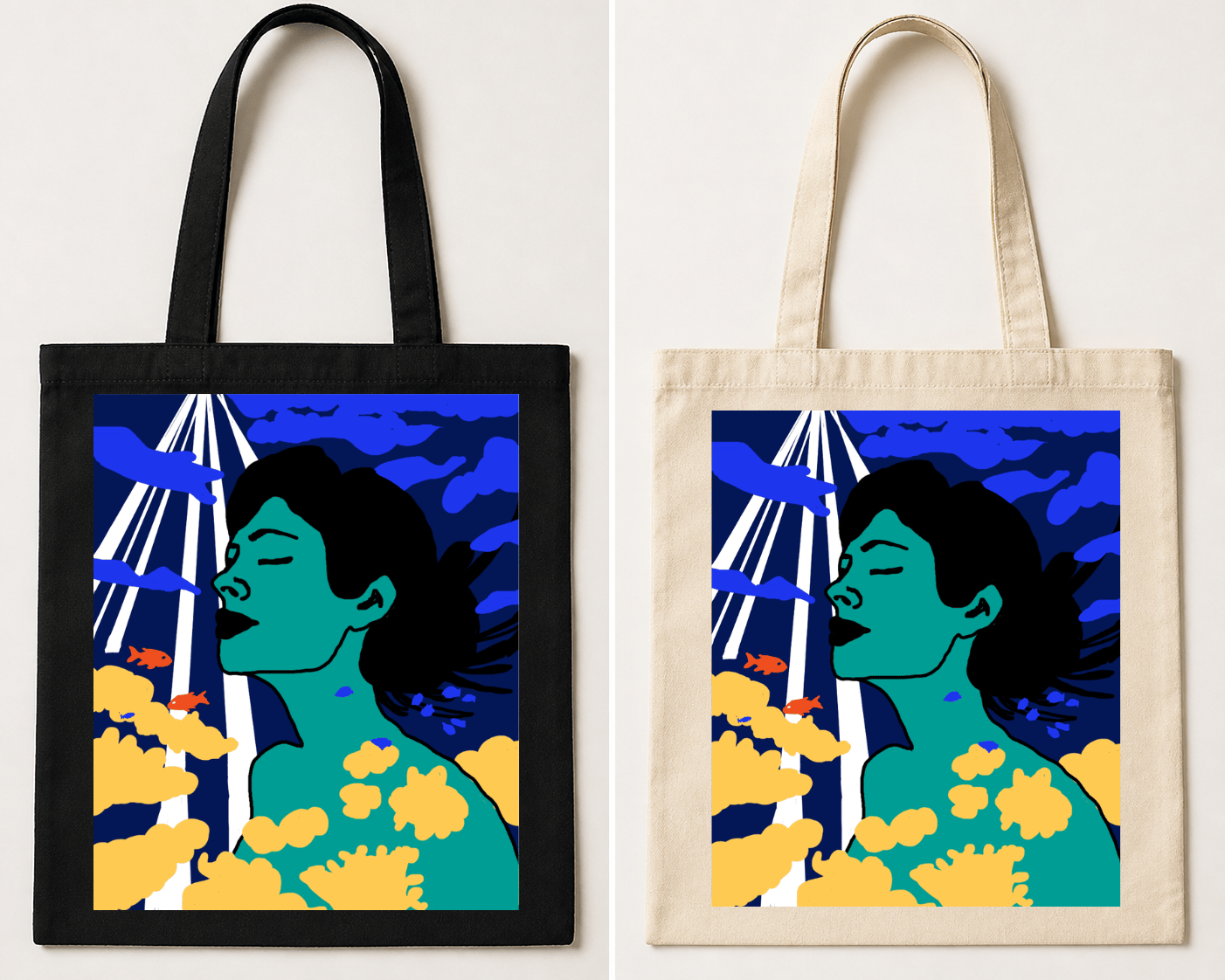 Natural canvas tote bag featuring a surreal blue-toned portrait with flowing water, fish and beams of light in a dreamlike ocean scene