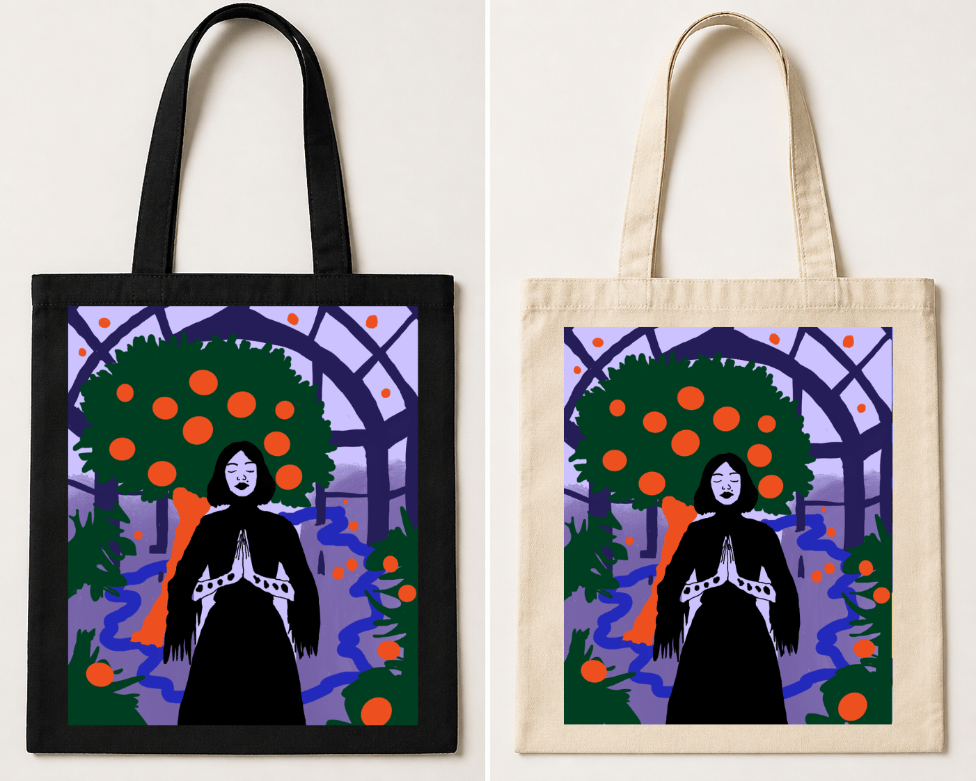 Black canvas tote bag featuring a symbolic illustration of a woman standing beneath a fruiting tree in a calm orchard setting
