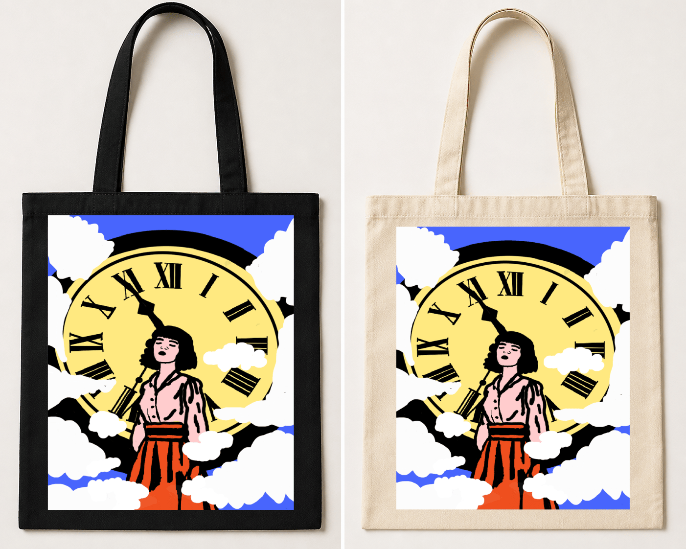 Natural canvas tote bag featuring a woman standing in front of a large clock surrounded by clouds in a surreal composition