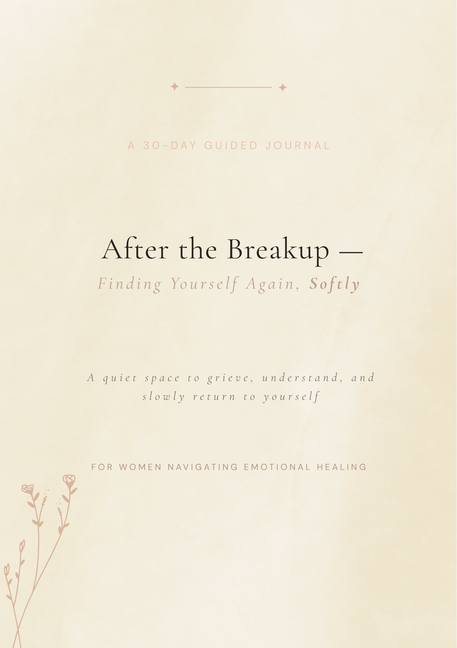 Cover of a 30-day guided breakup journal titled “After the Breakup – Finding Yourself Again, Softly” in a soft beige aesthetic