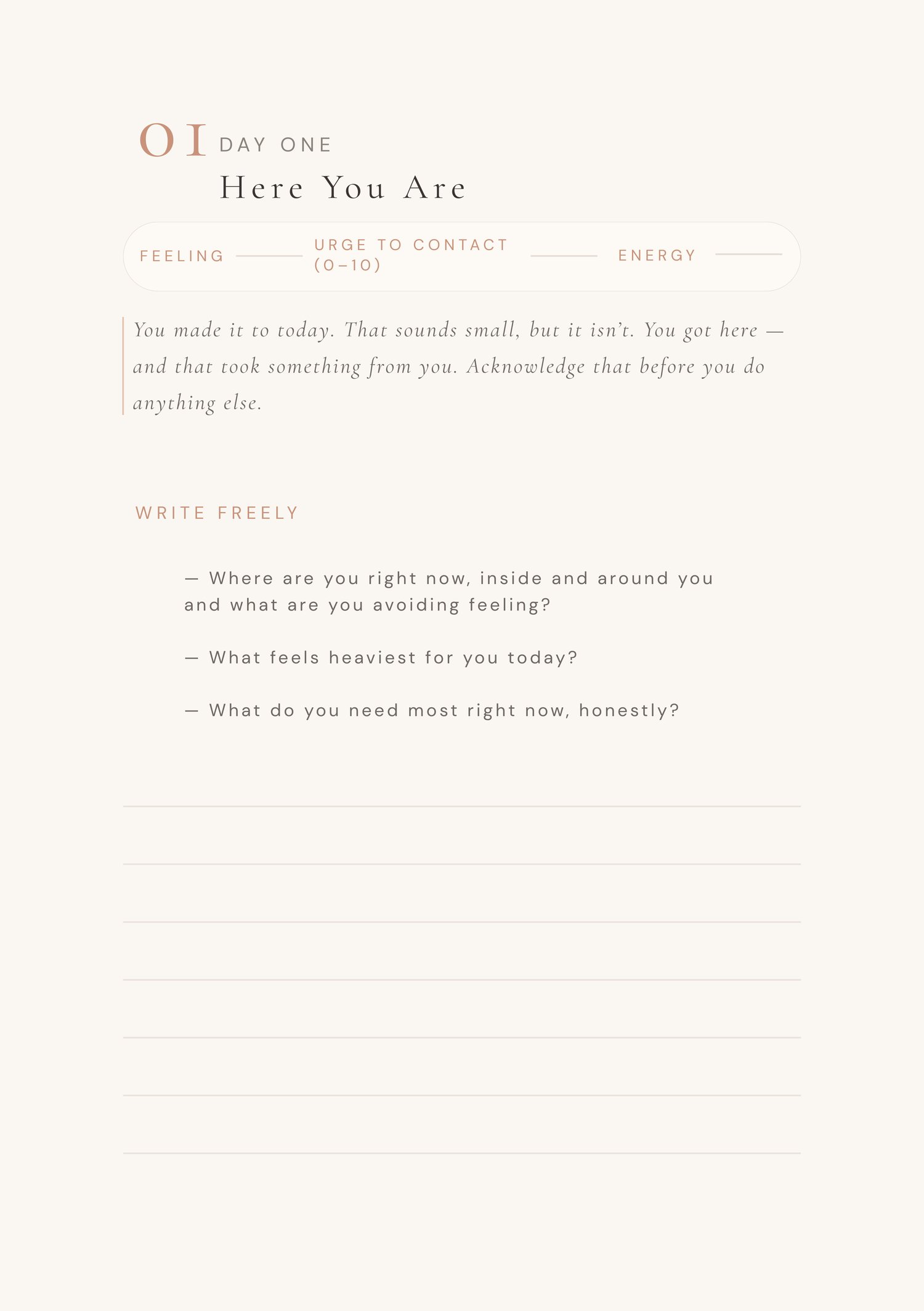 Day 1 journal page with prompts for emotional reflection, including feelings, energy level, and guided writing questions