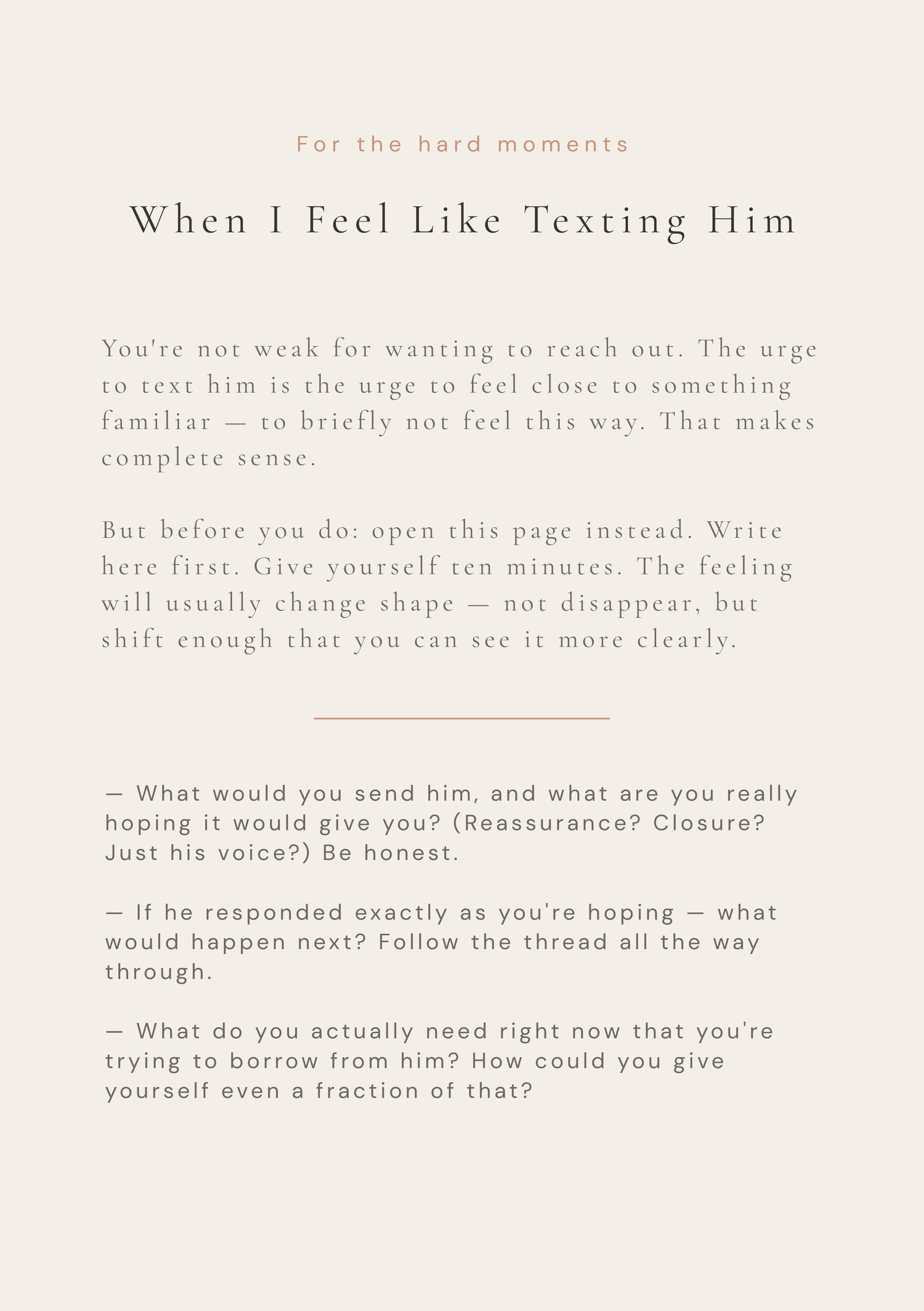 Guided journal page titled “When I Feel Like Texting Him” with reflective prompts to manage emotional urges after a breakup