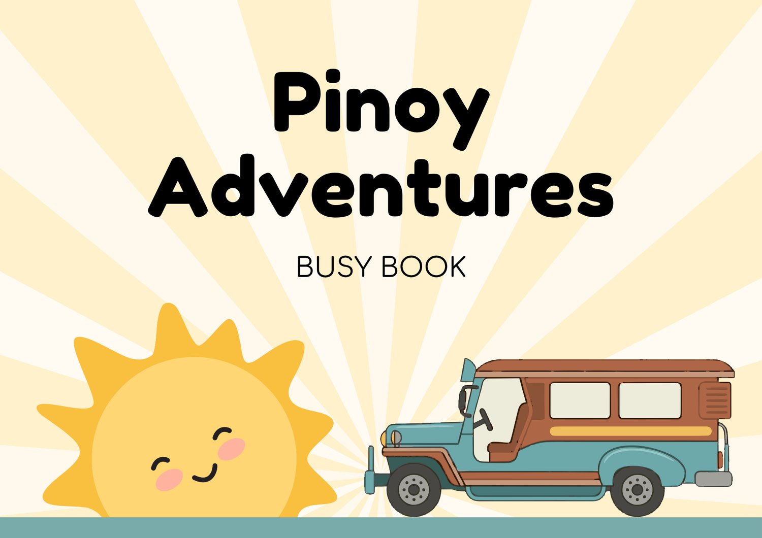 Pinoy Adventures Busy Book cover featuring a sun and a jeepney illustration by Kaudenz Studio.