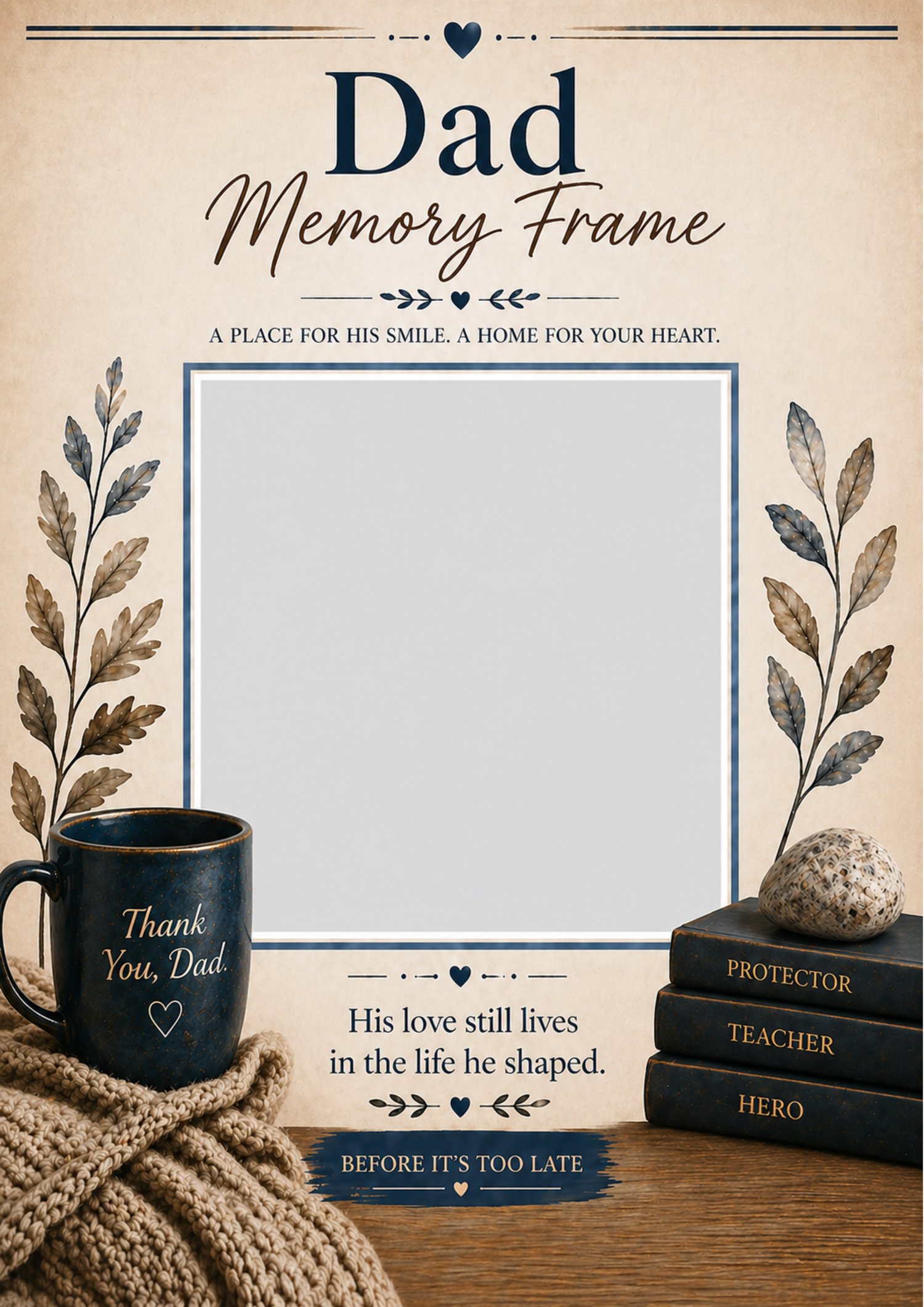 Vintage-style Dad Memory Frame digital template with navy blue borders, botanical accents, and sentimental quotes for a fathers memorial photo tribute.
