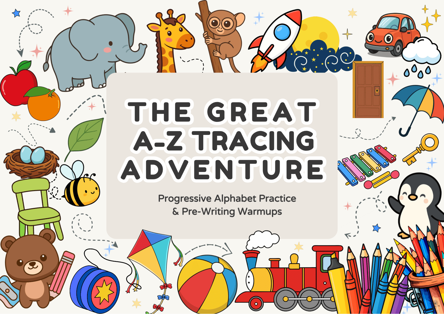 The Great A-Z Tracing Adventure cover featuring colorful animal illustrations and progressive alphabet practice title.