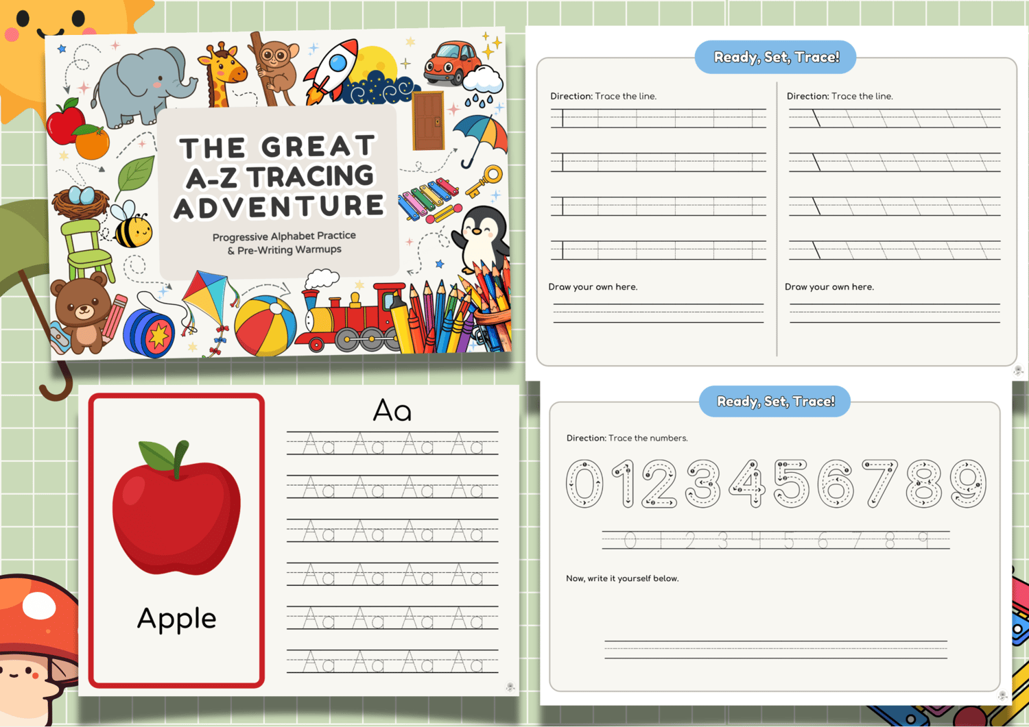 The Great A-Z Tracing Adventure product preview showing alphabet, number, and pre-writing activity pages.