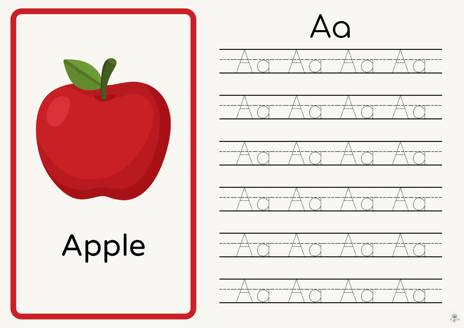 Alphabet tracing worksheet for the letter A featuring an apple illustration and guided stroke order.