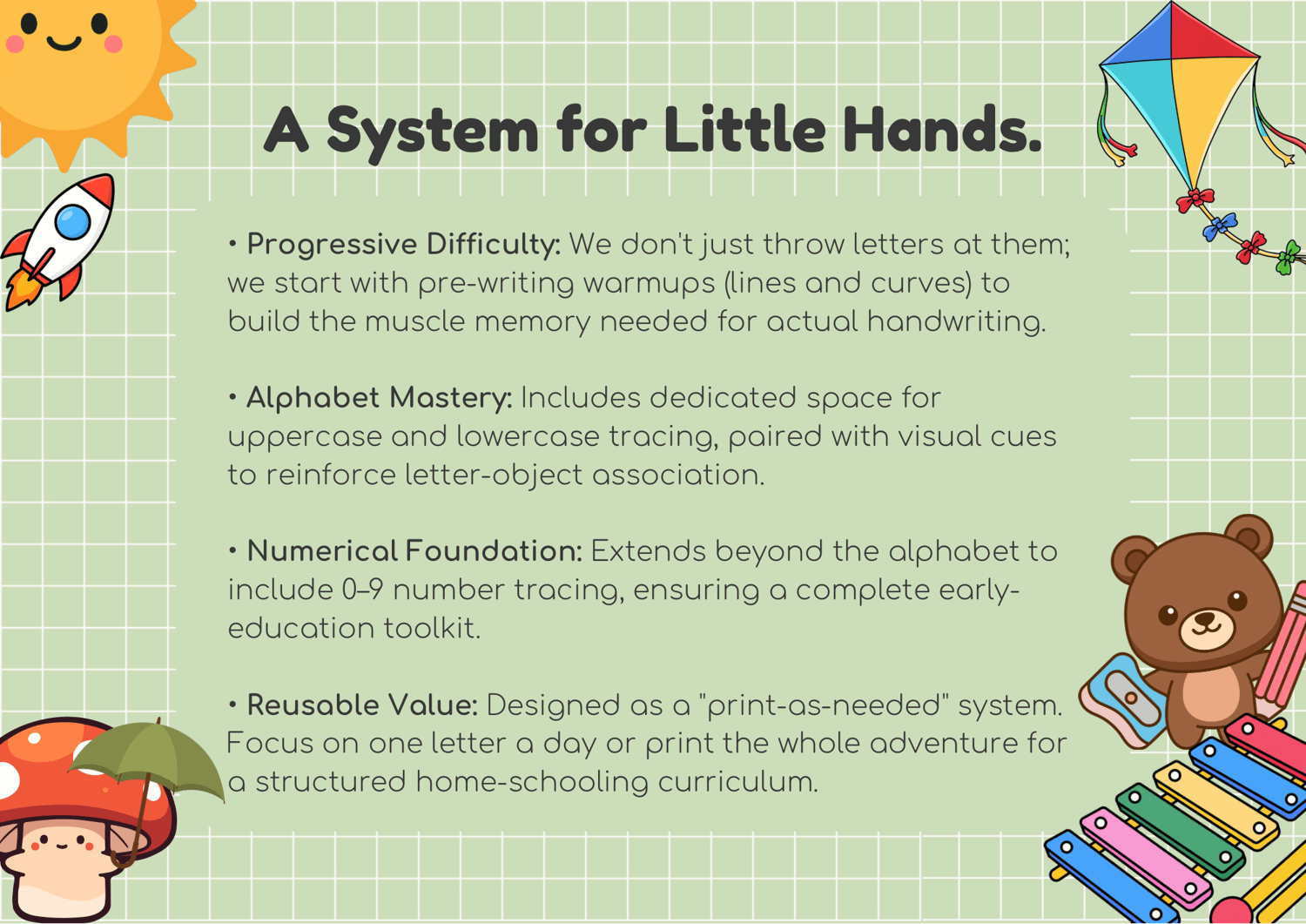 A System for Little Hands: Progressive difficulty alphabet tracing and numerical foundation framework by Kaudenz Studio.