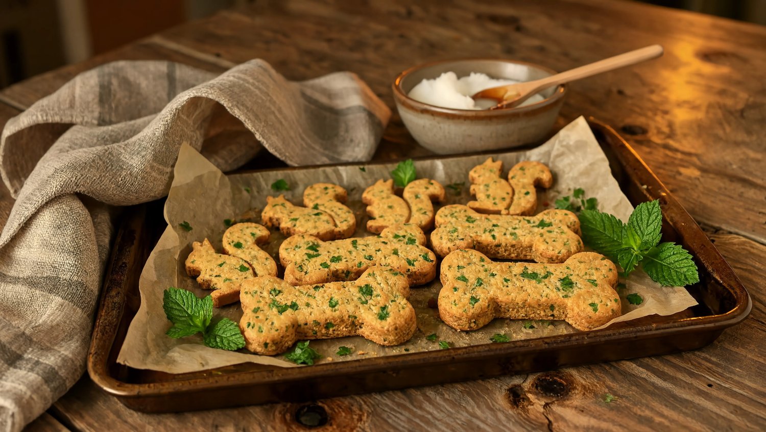 Freshly baked homemade dog treats with visible parsley and mint flecks, arranged on a rustic baking sheet with parchment paper and farmhouse styling.