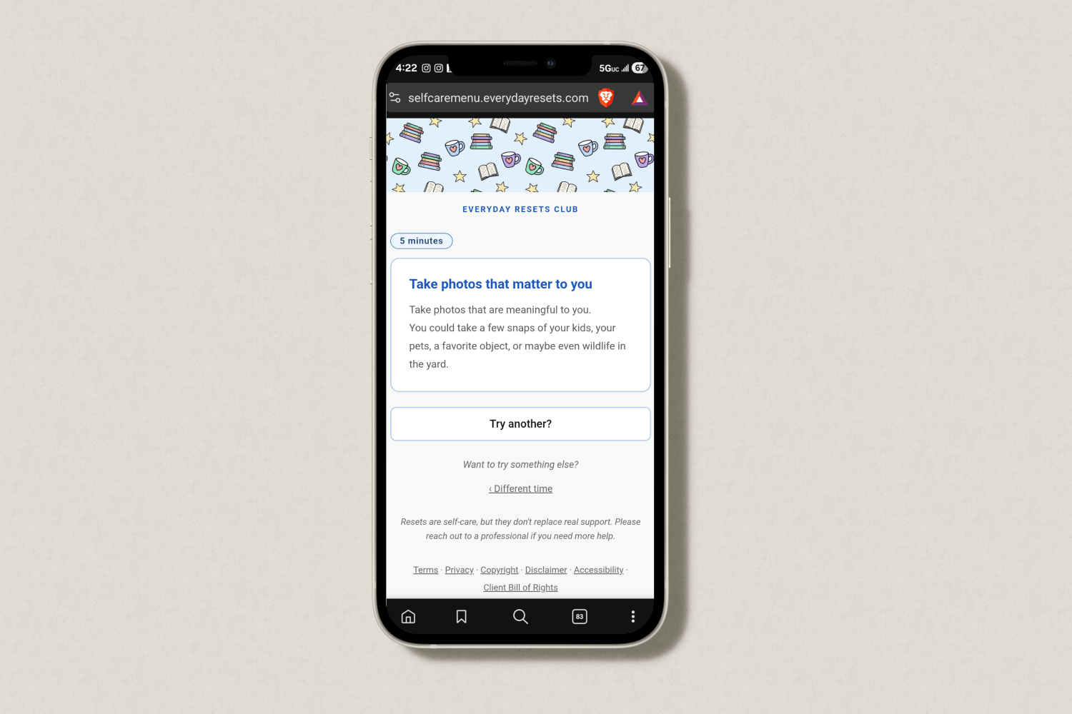 A phone displaying a self-care reset from the web app called "Take photos that matter to you"